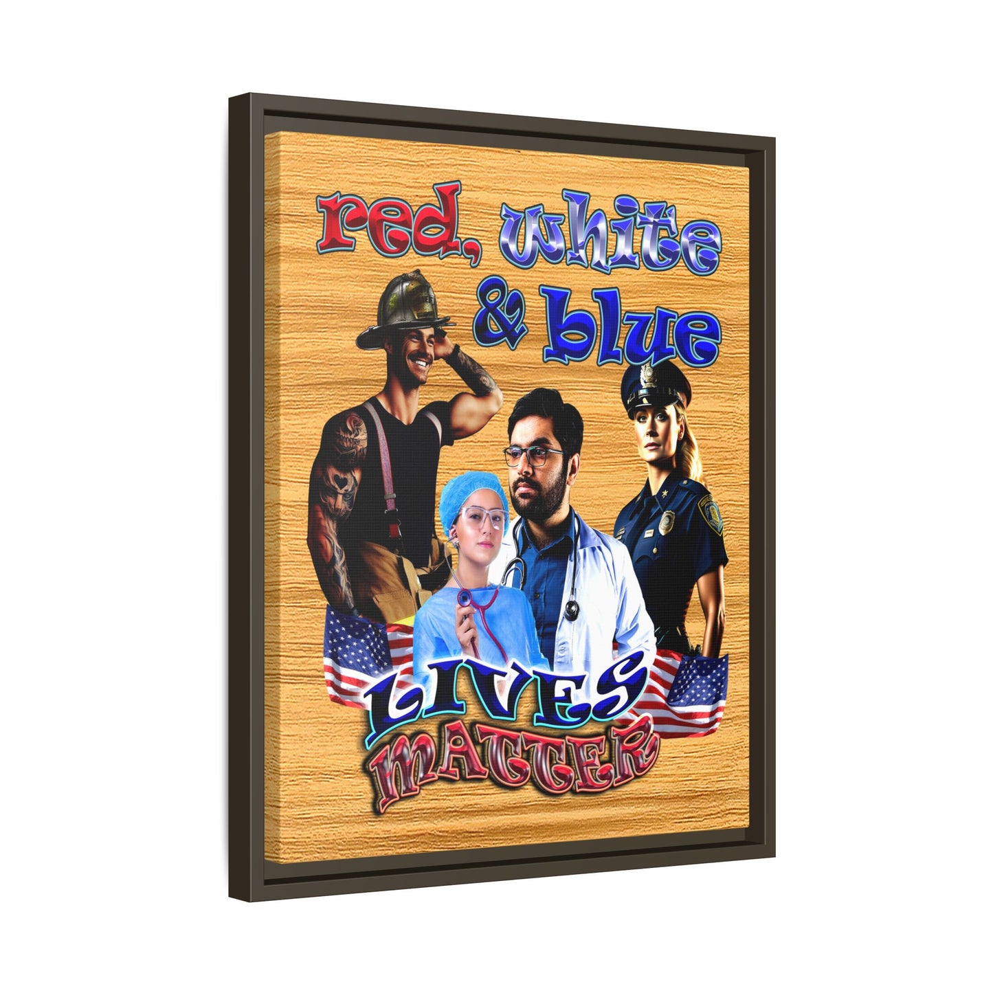 rw&b lives matter - framed canvas art (butterscotch wood finish)
