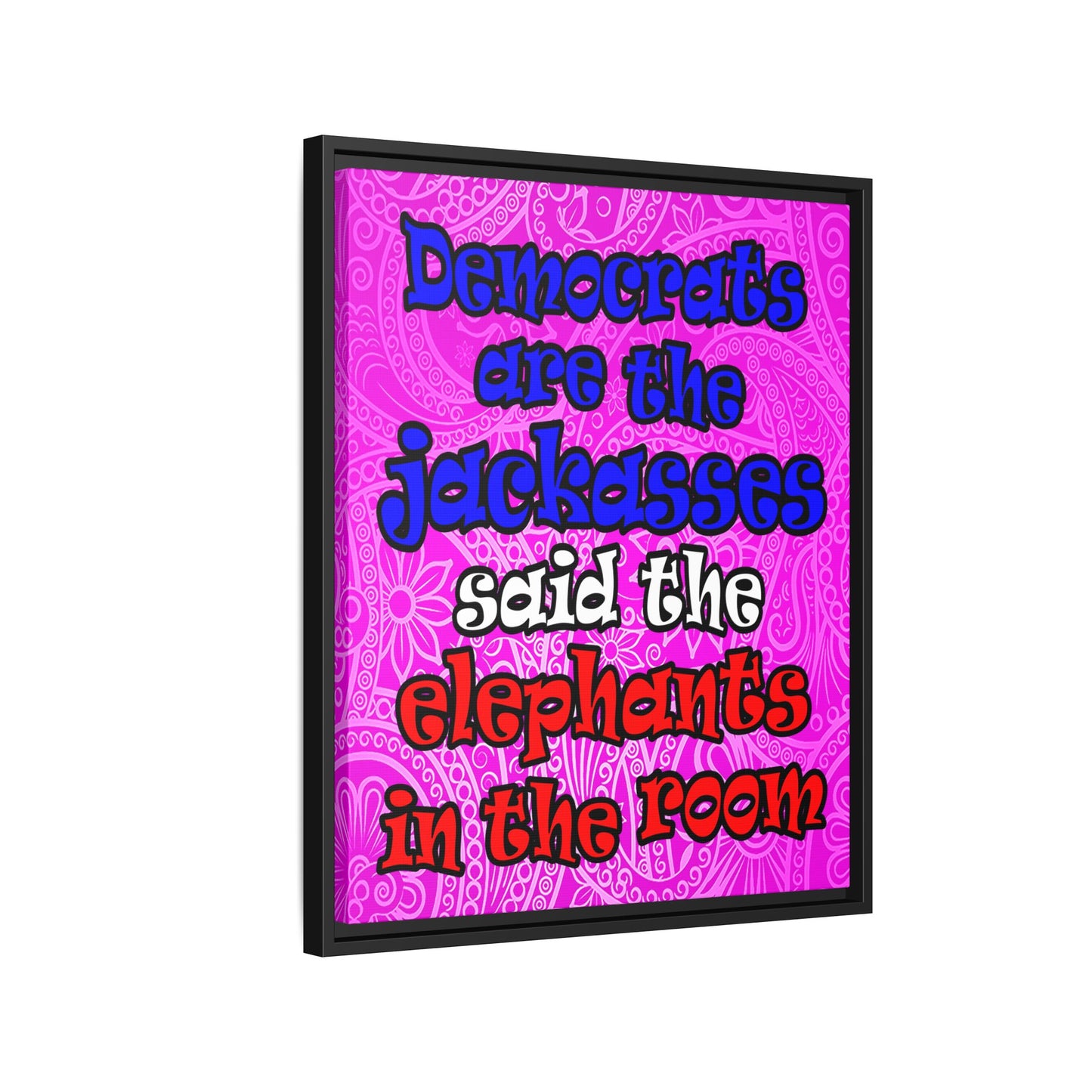 donkeys and elephants - framed canvas art (pink swirl)