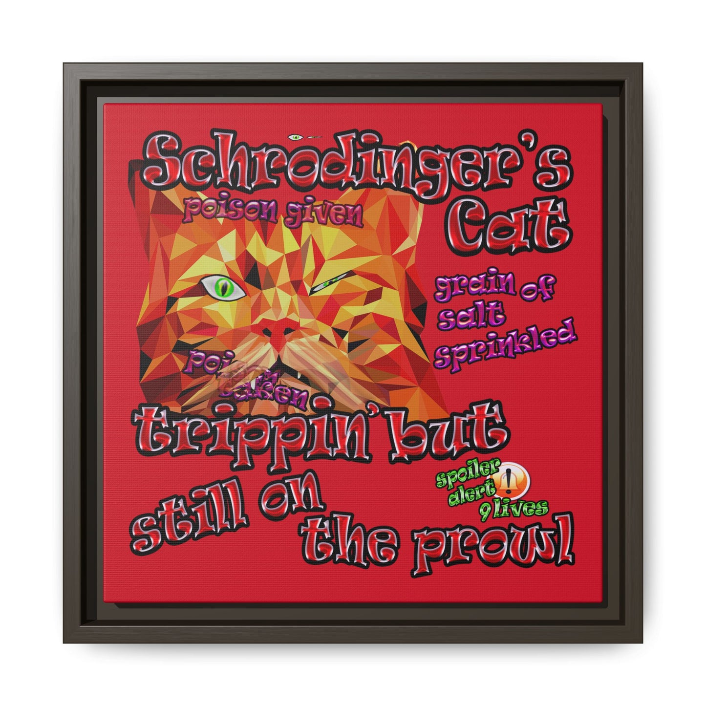 schrodinger's cat - framed canvas art (dark red)