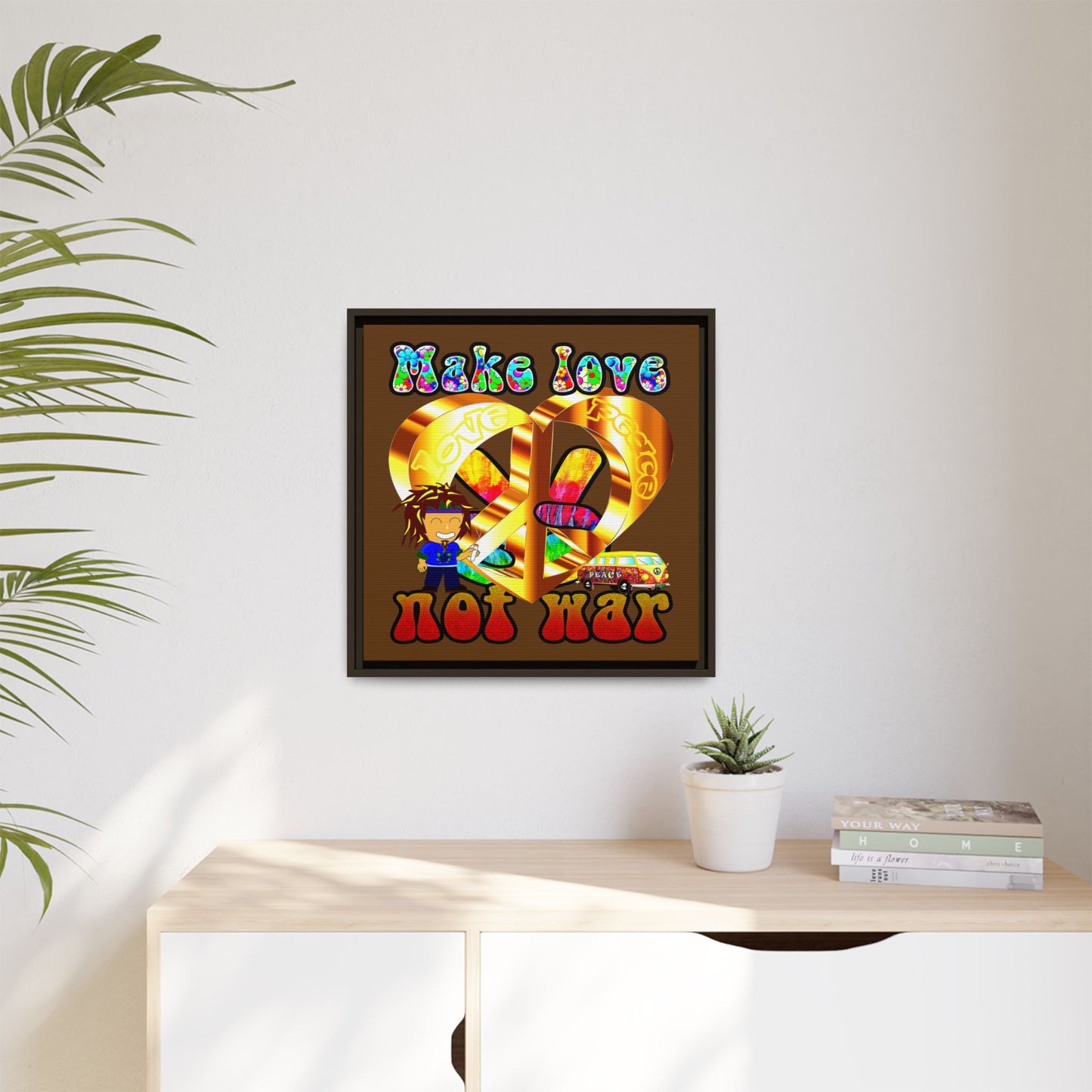 love peace - framed canvas art (brown)