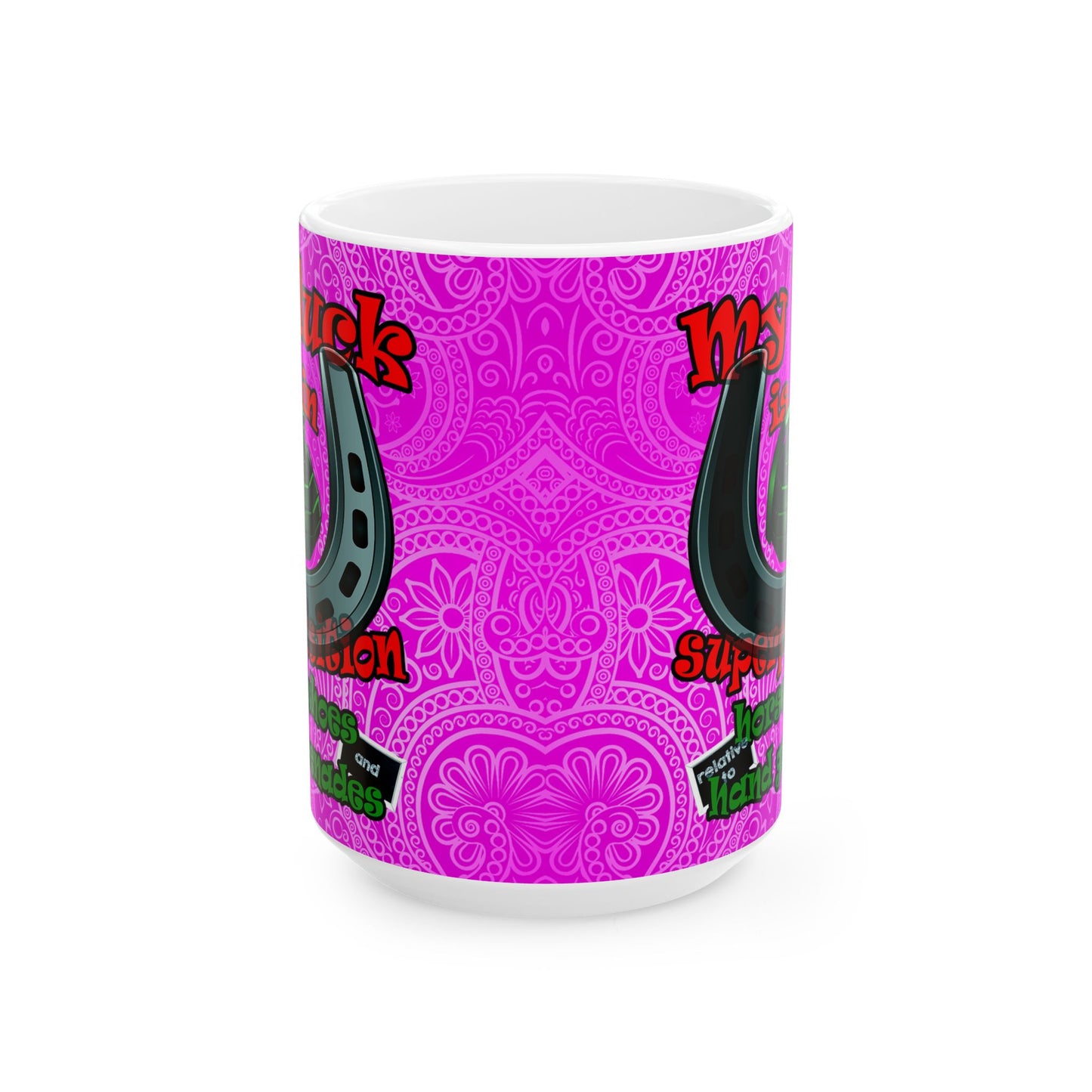 my luck - White Mug (pink swirl)