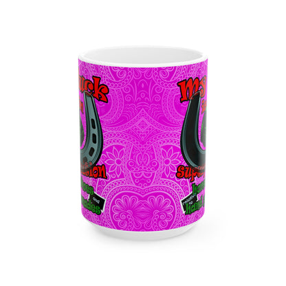 my luck - White Mug (pink swirl)