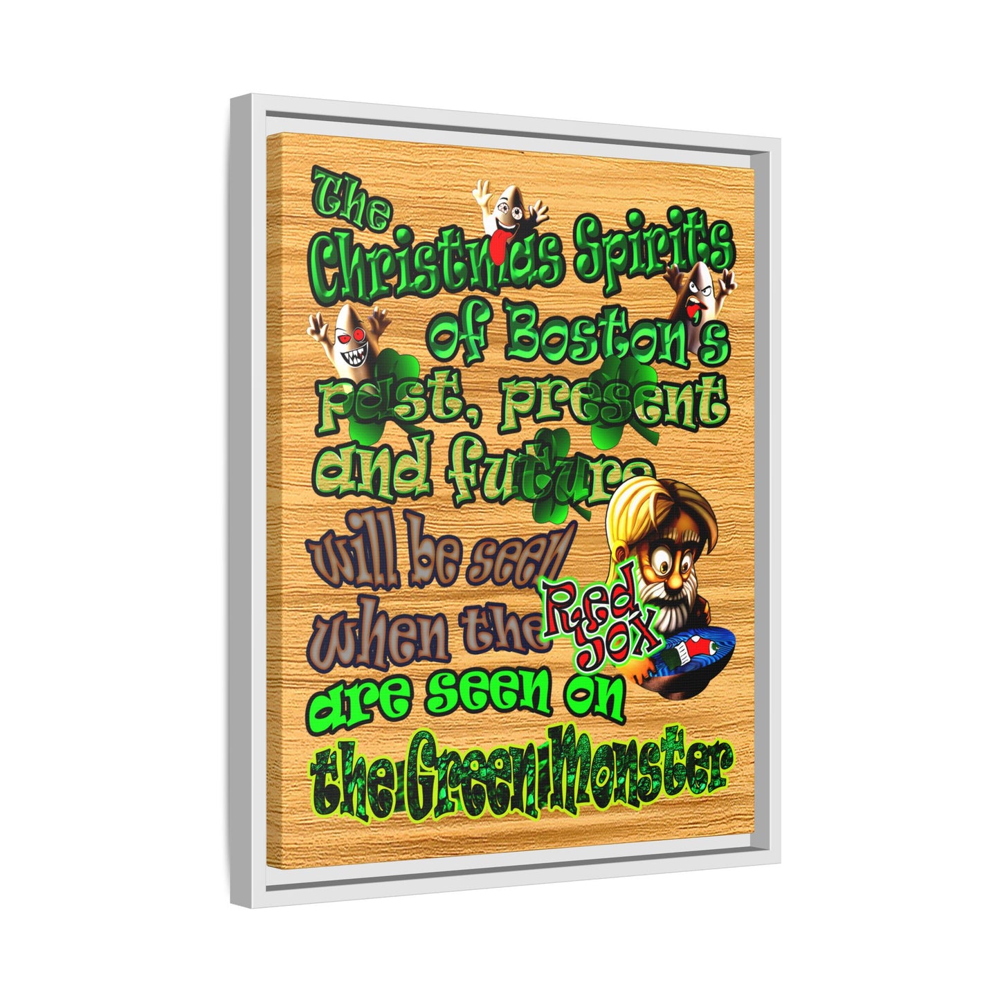 christmas spirits of boston - framed canvas art (butterscotch wood finish)
