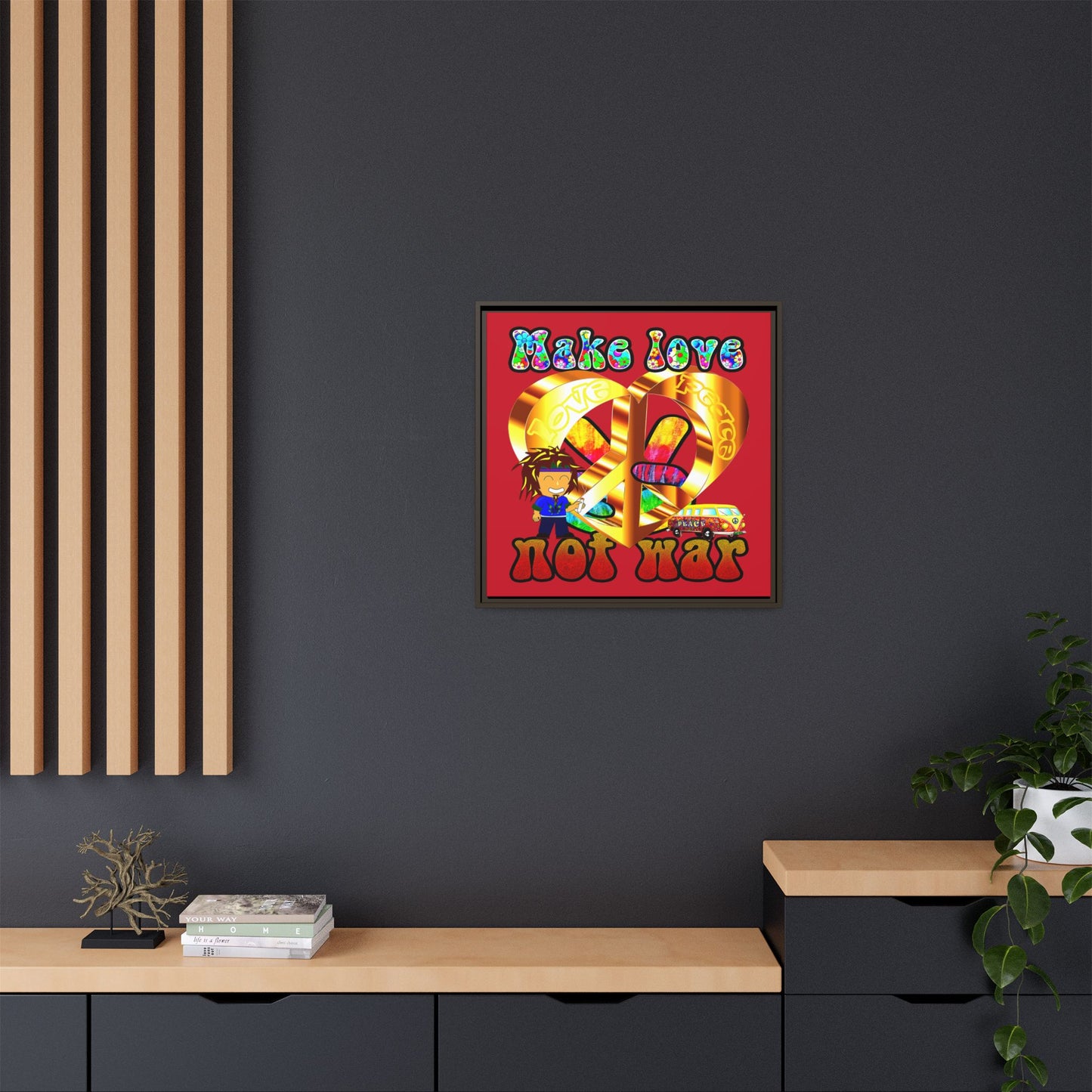 love peace - framed canvas art (dark red)