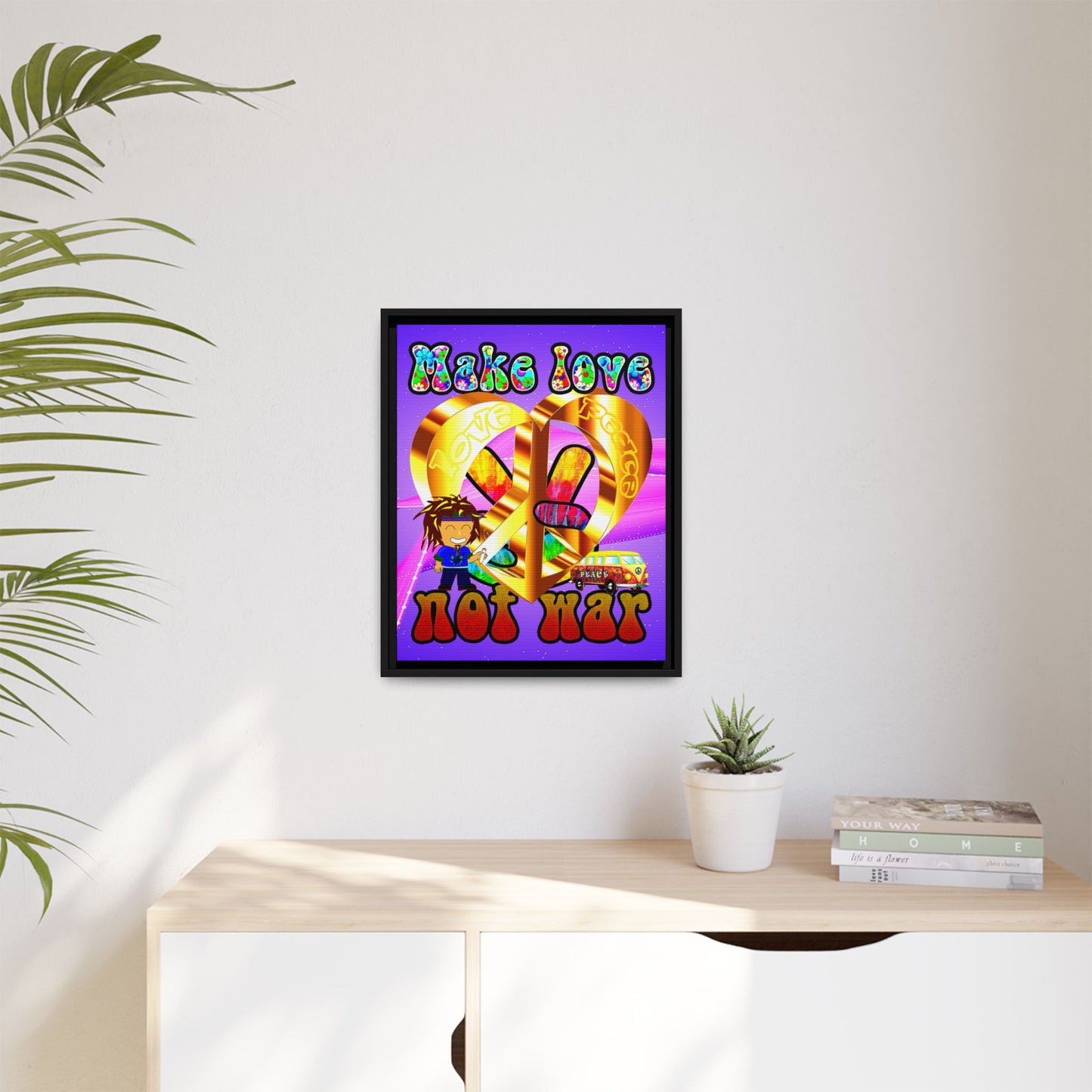 love peace - framed canvas art (purple-pink wave)