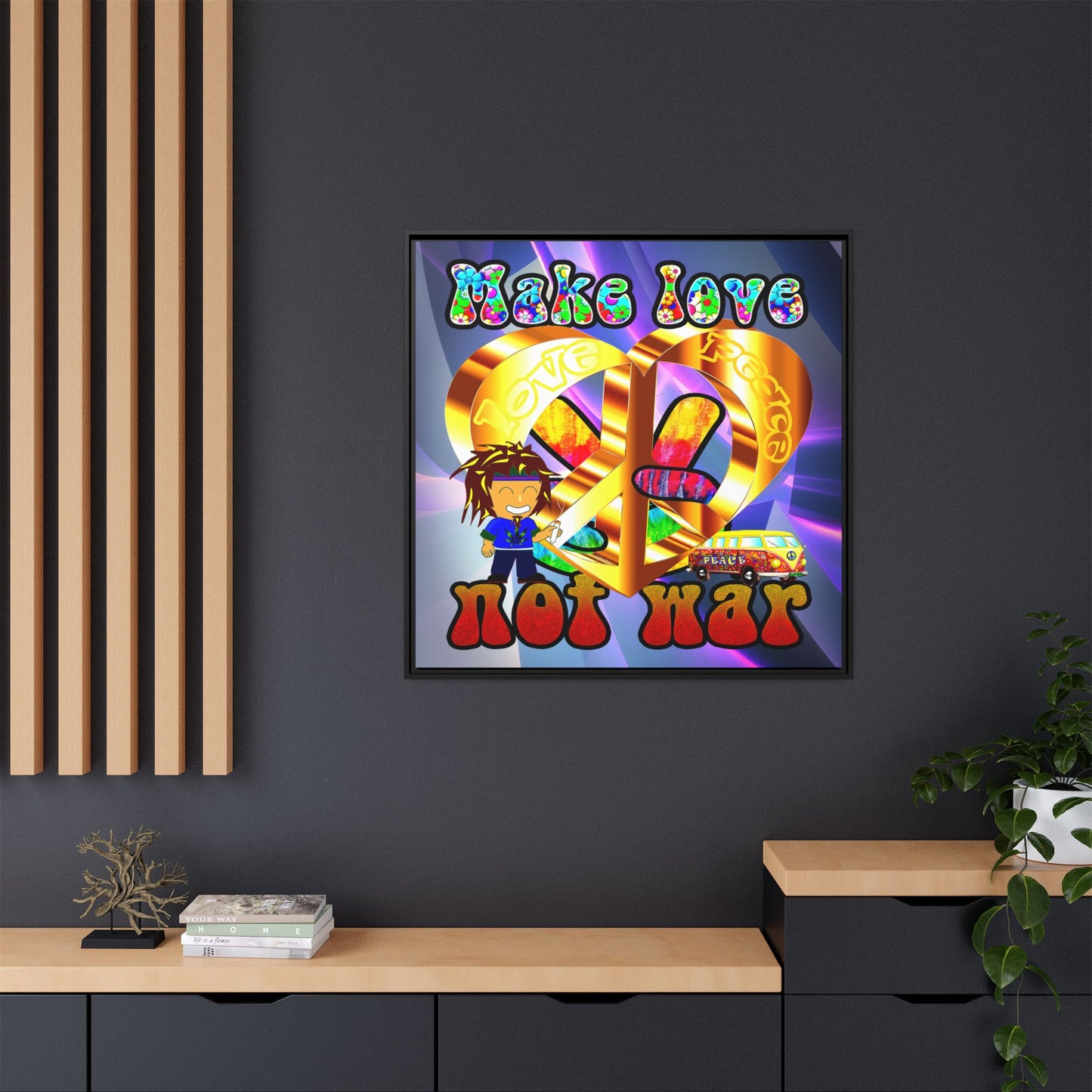 love peace - framed canvas art (grey-pink wave)