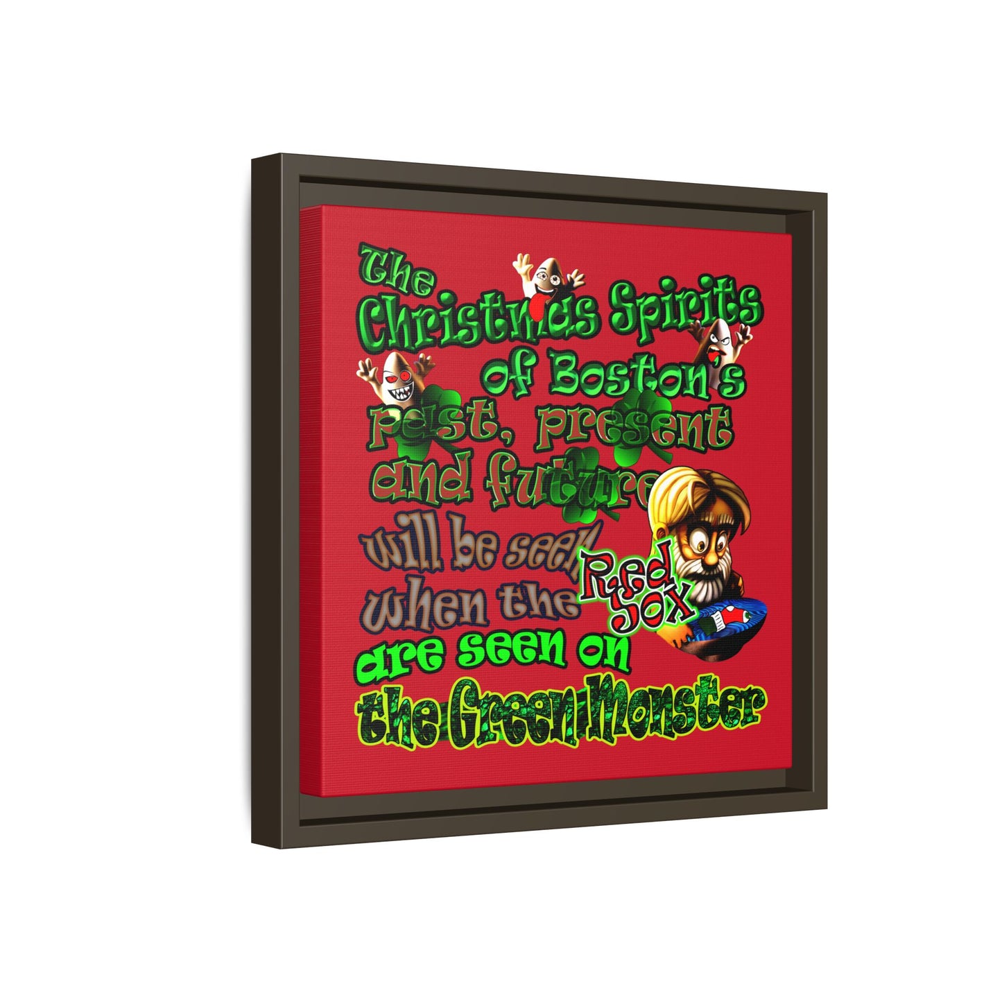 christmas spirits of boston - framed canvas art (dark red)
