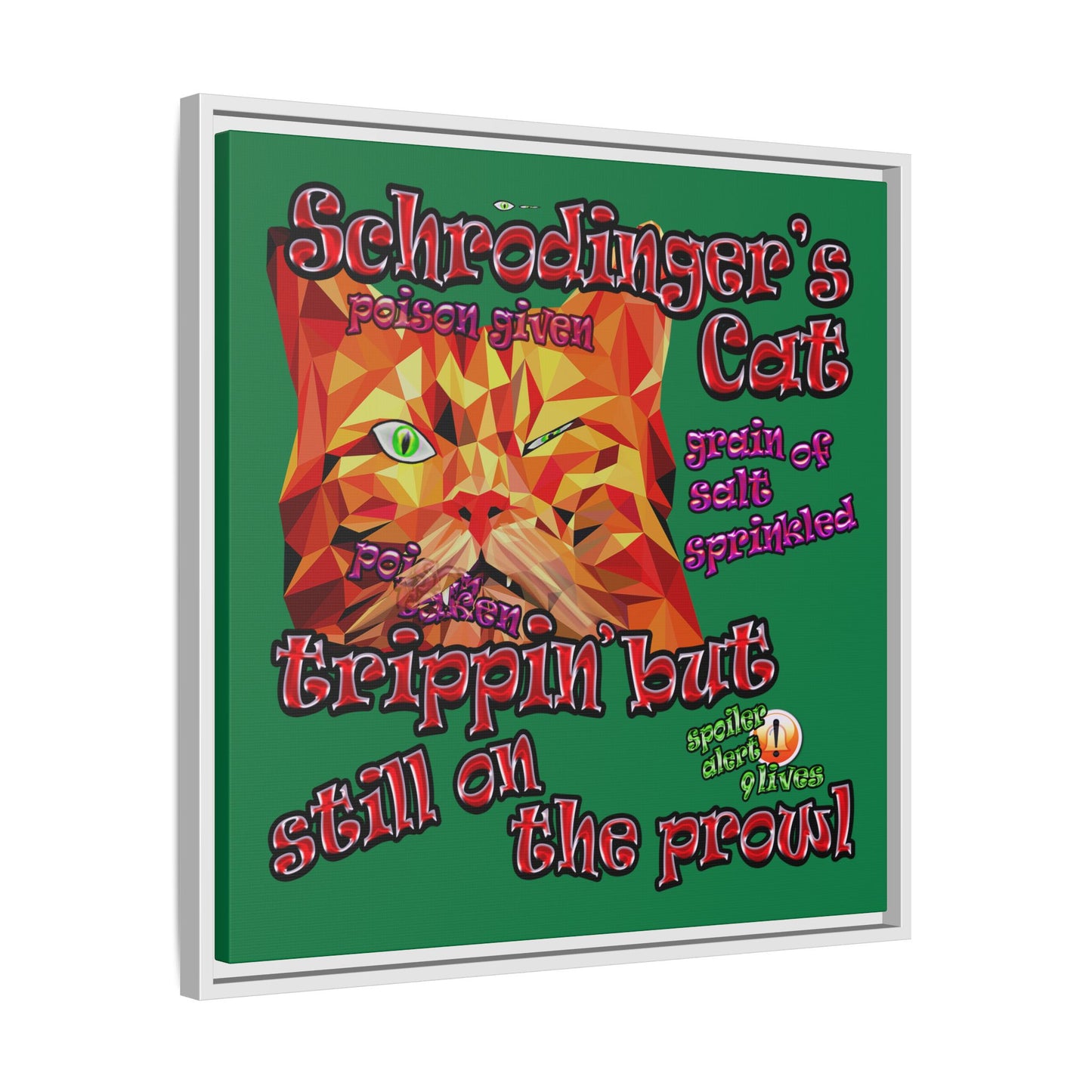 schrodinger's cat - framed canvas art (dark green)