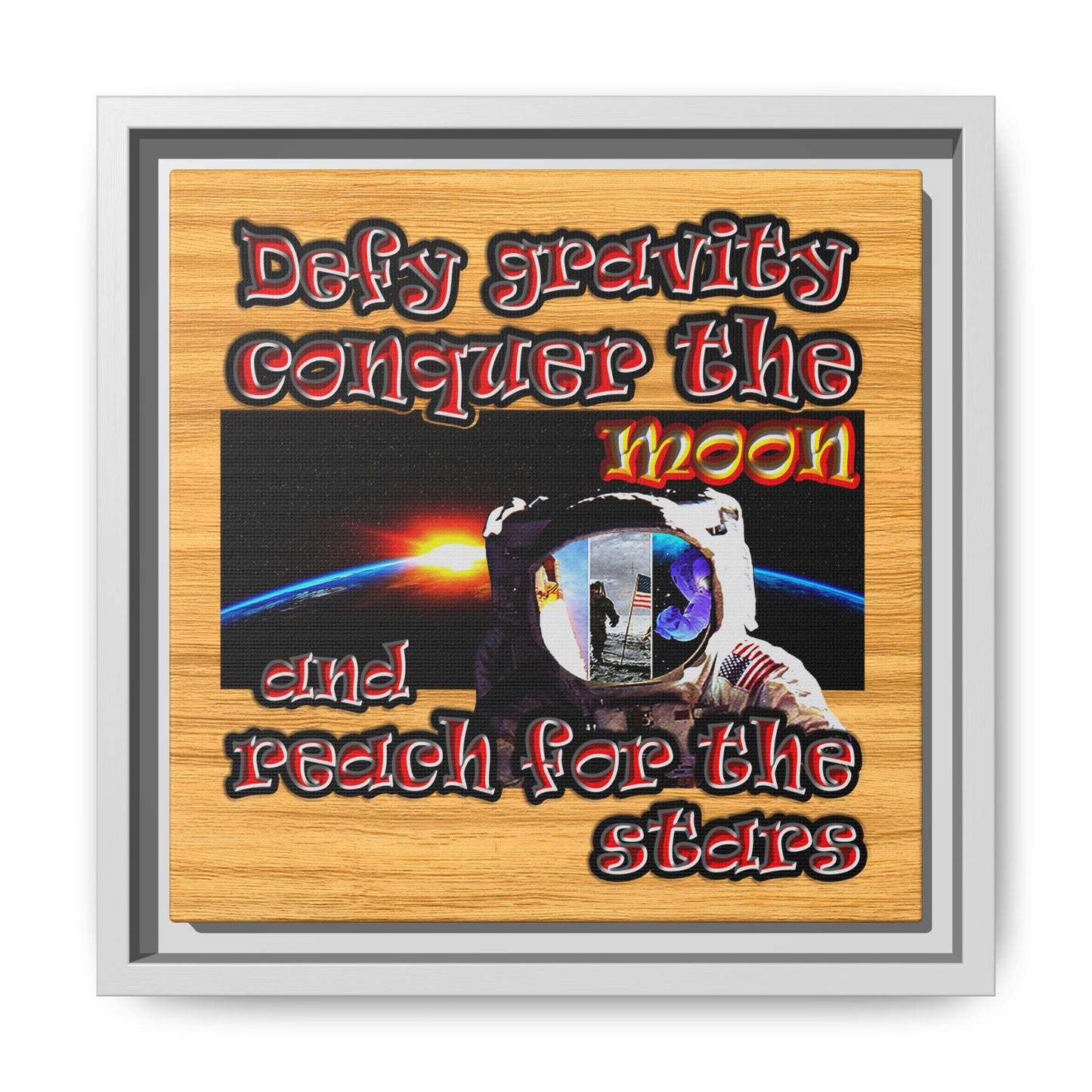 defy conquer reach - framed canvas art (butterscotch wood finish)
