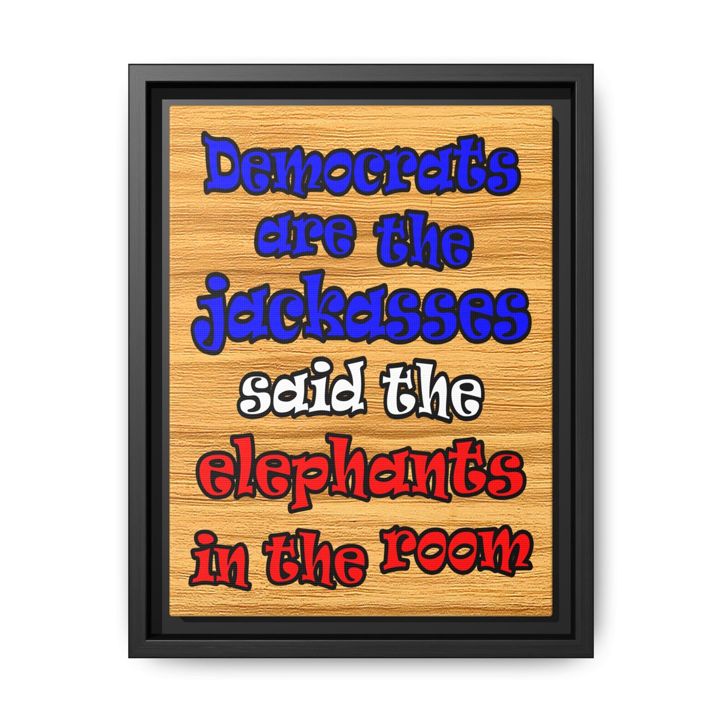 donkeys and elephants - framed canvas art (butterscotch wood finish)
