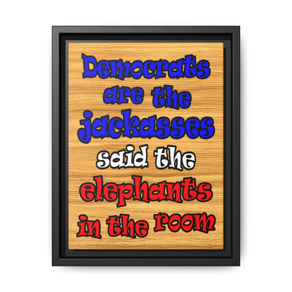 donkeys and elephants - framed canvas art (butterscotch wood finish)