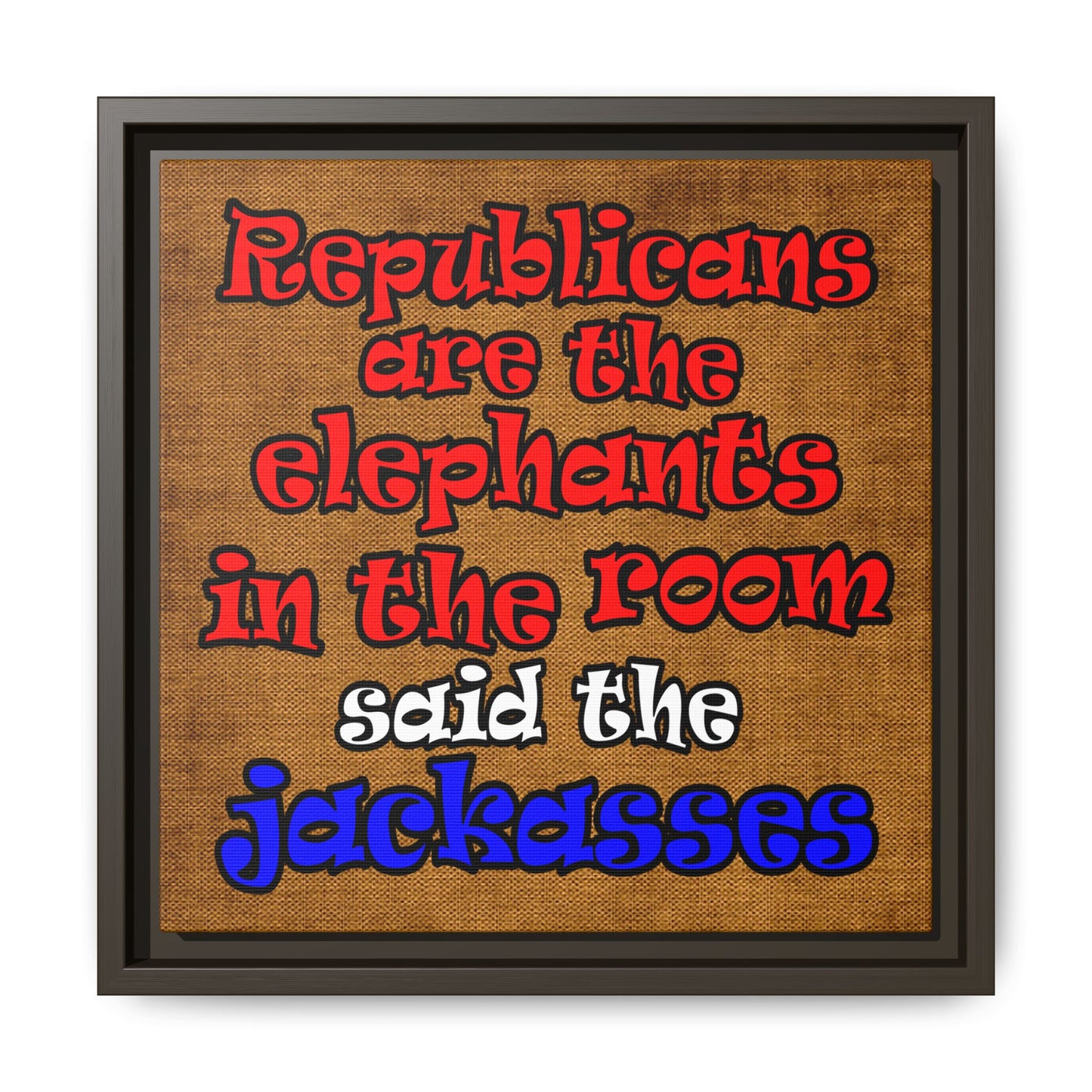 donkeys and elephants - framed canvas art (brown papyrus)