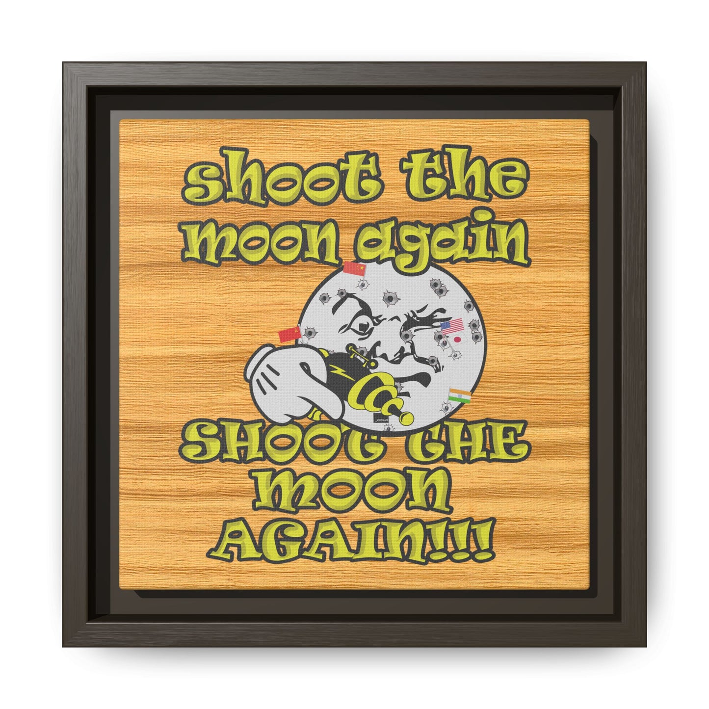 shoot the moon again - framed canvas art (butterscotch wood finish)
