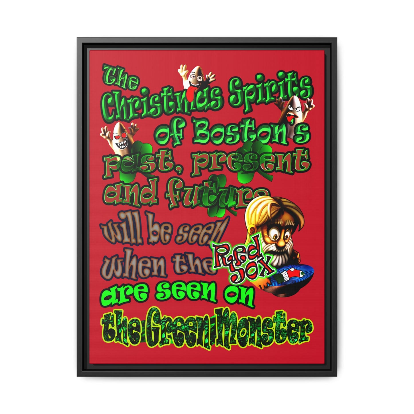 christmas spirits of boston - framed canvas art (dark red)