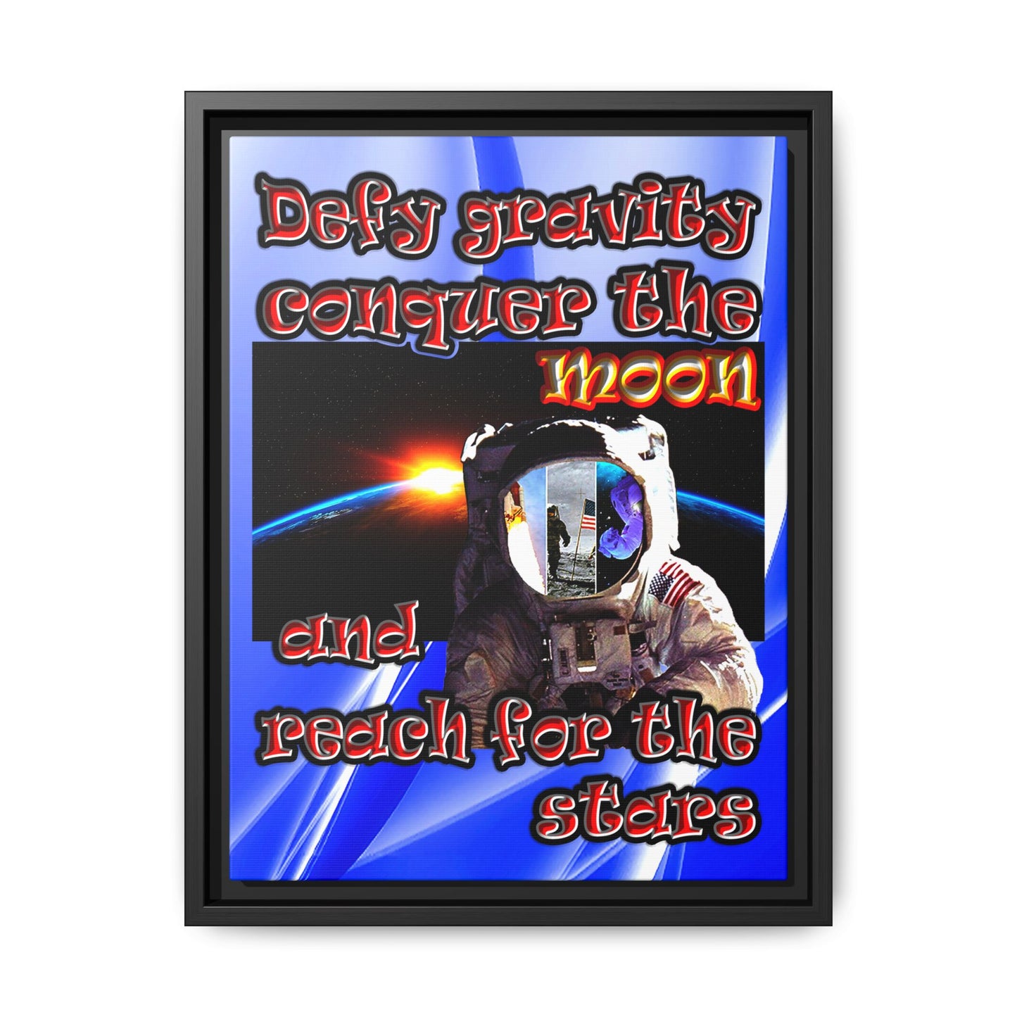 defy conquer reach - framed canvas art (blue-white wave)