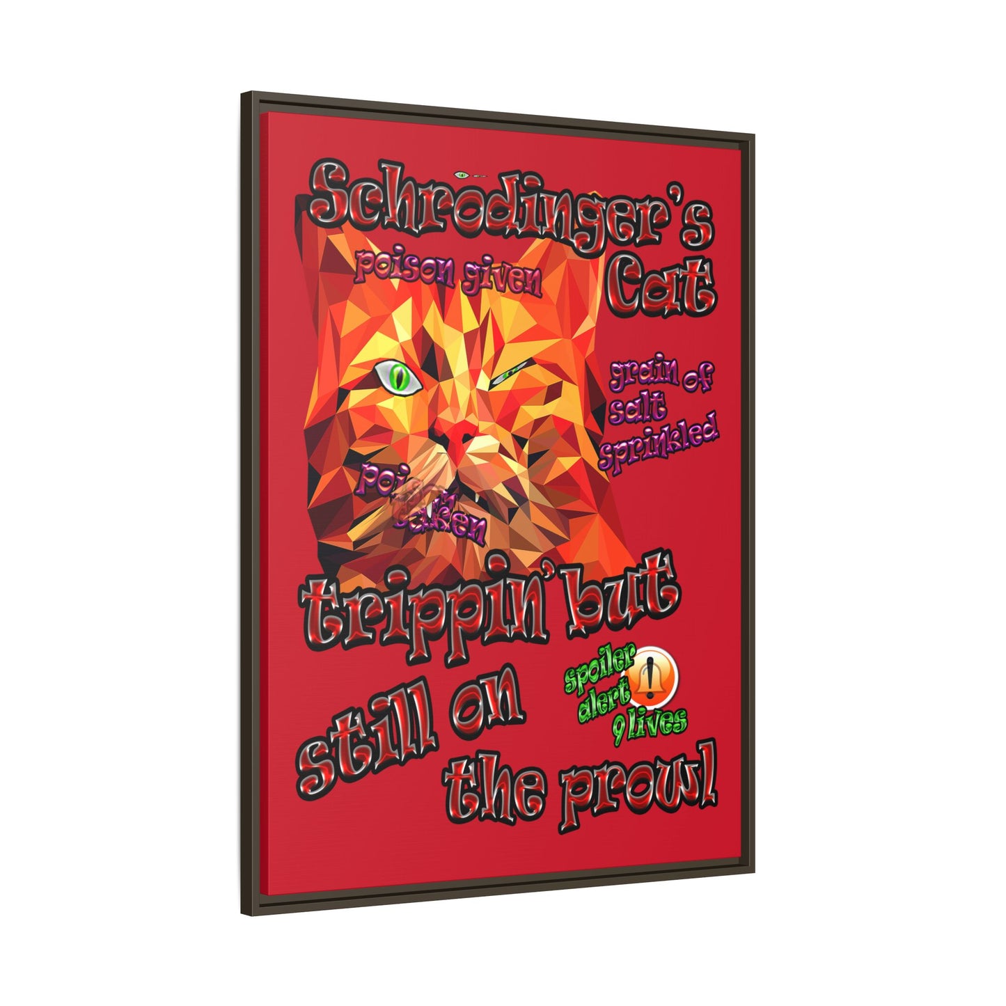 schrodinger's cat - framed canvas art (dark red)