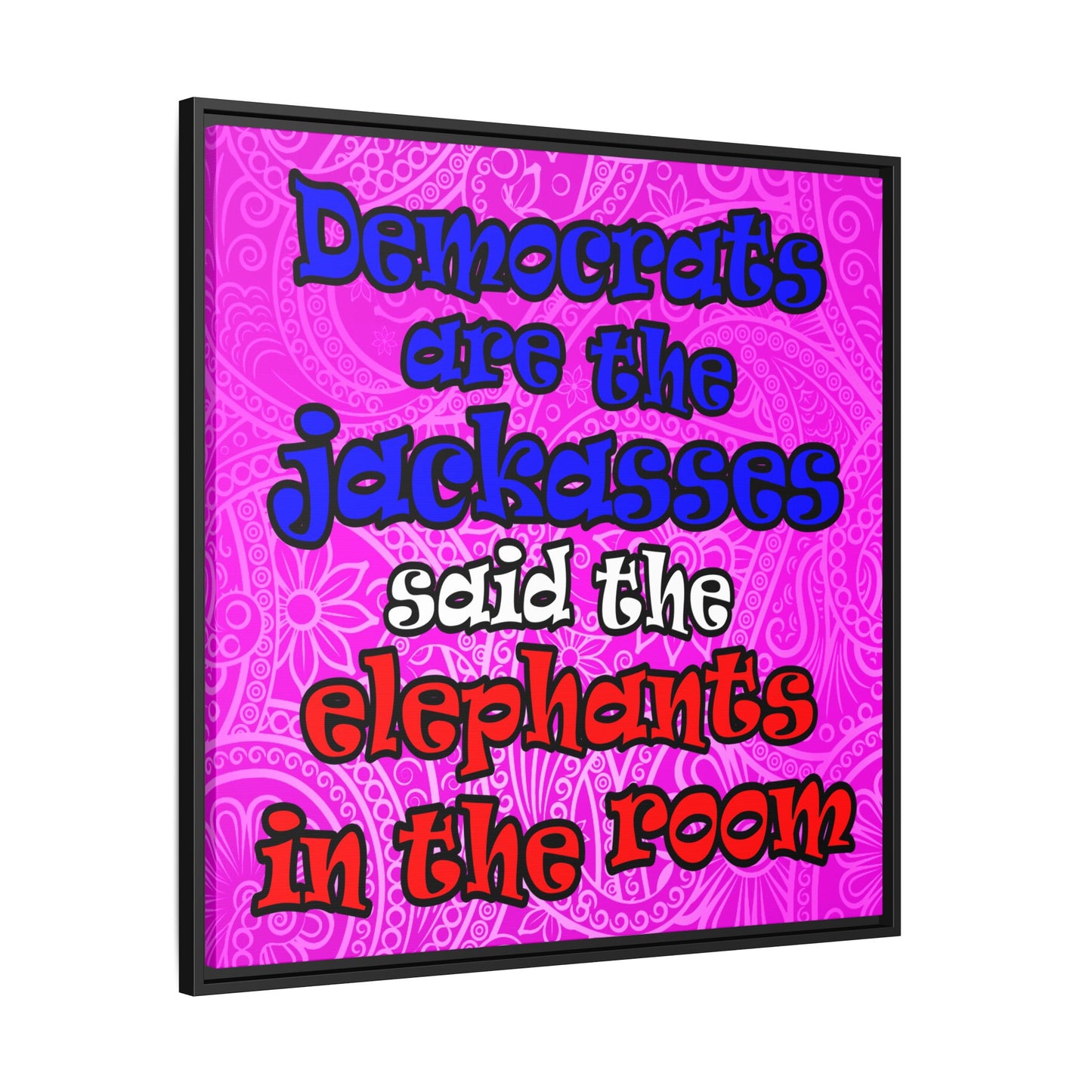 donkeys and elephants - framed canvas art (pink swirl)