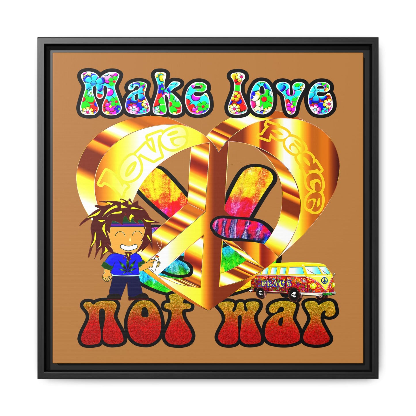 love peace - framed canvas art (light brown)