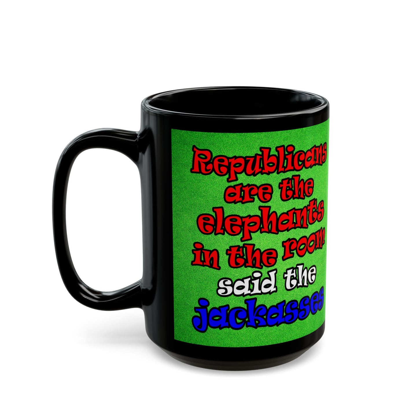 donkeys and elephants - Black Mug (green turf)