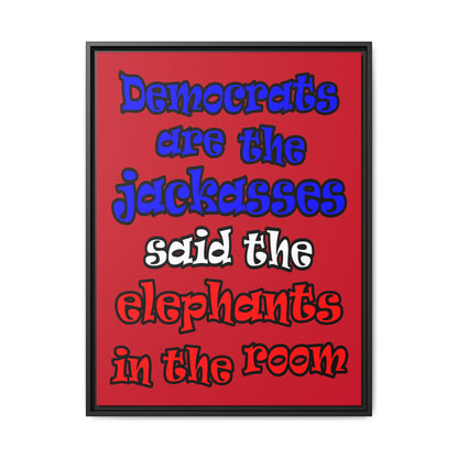 donkeys and elephants - framed canvas art (dark red)