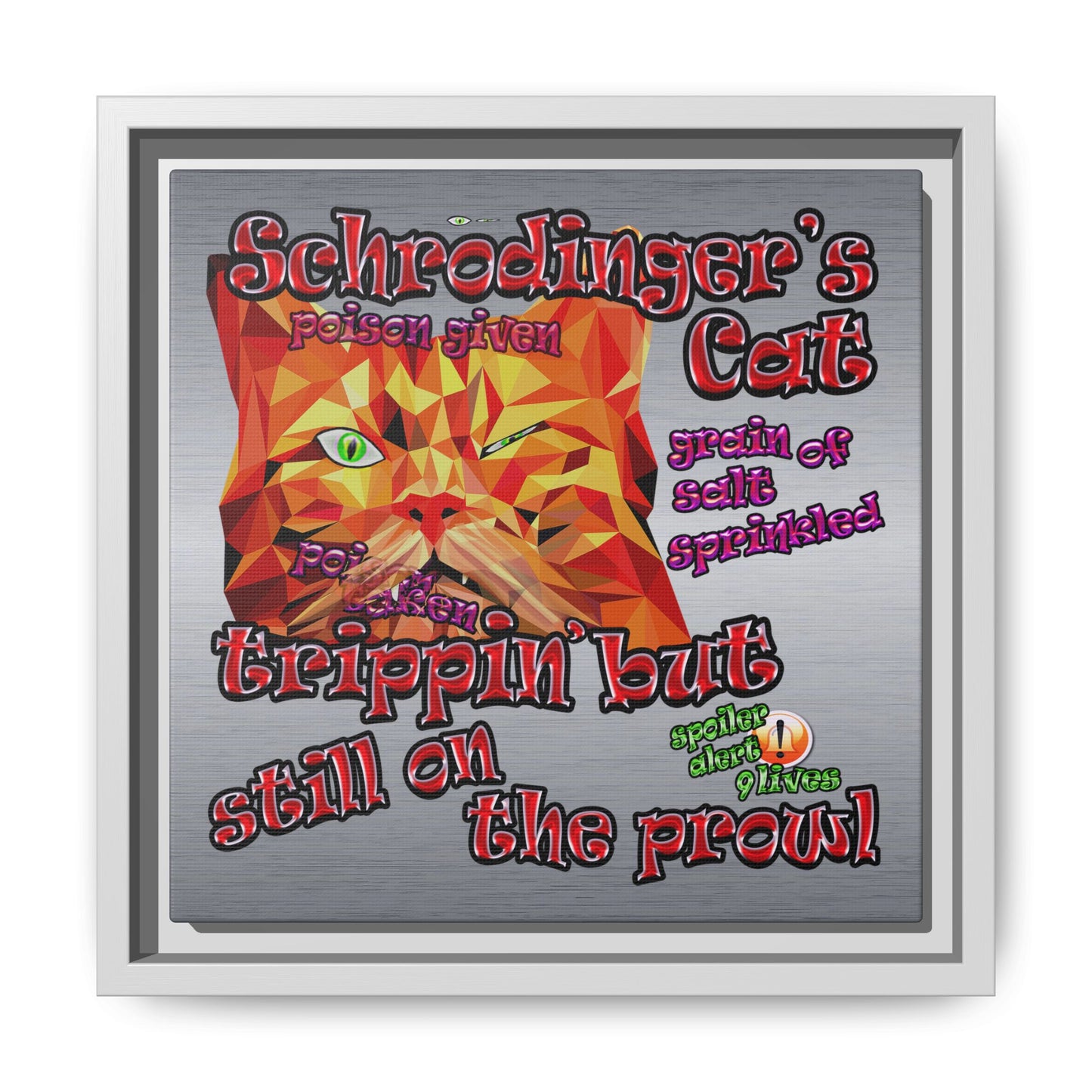 schrodinger's cat - framed canvas art (brushed nickel)
