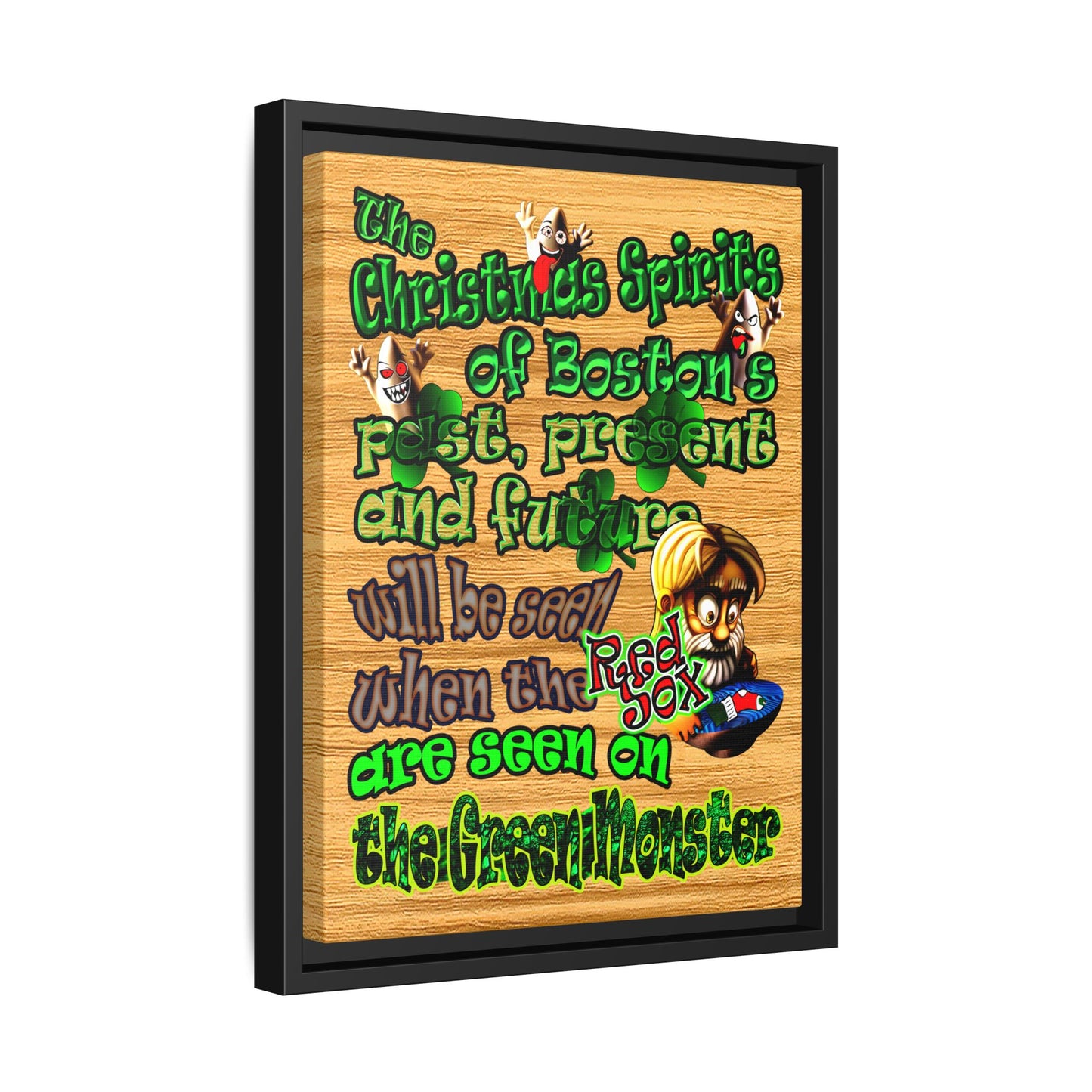 christmas spirits of boston - framed canvas art (butterscotch wood finish)
