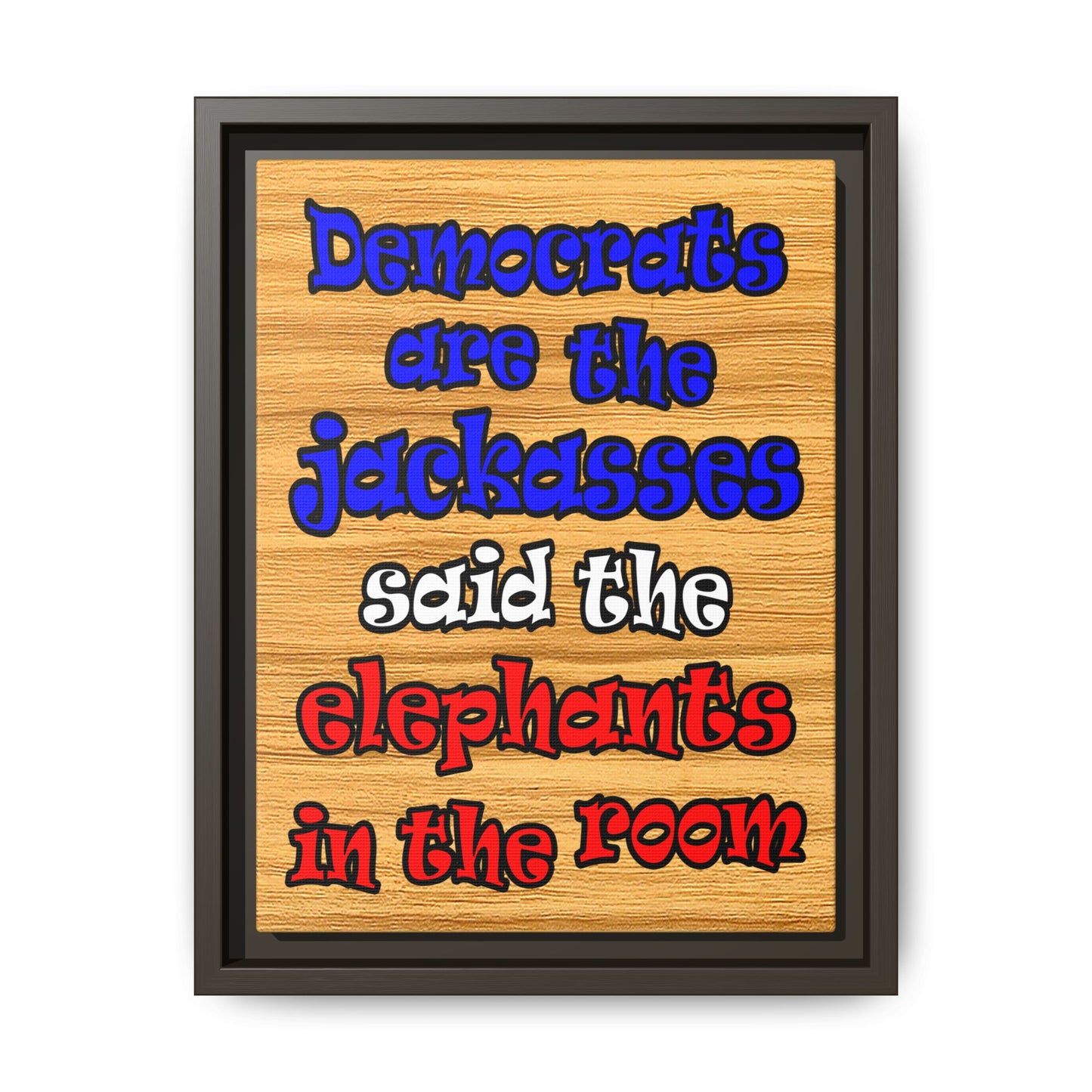 donkeys and elephants - framed canvas art (butterscotch wood finish)