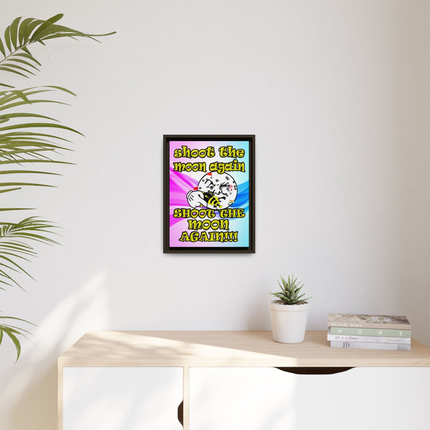 shoot the moon again - framed canvas art (light blue-pink wave)