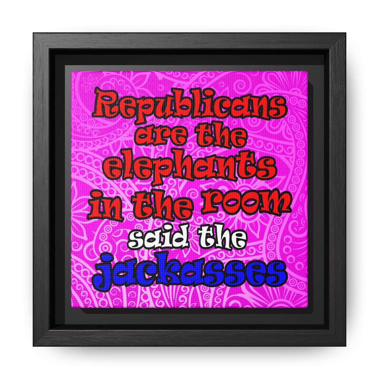 donkeys and elephants - framed canvas art (pink swirl)