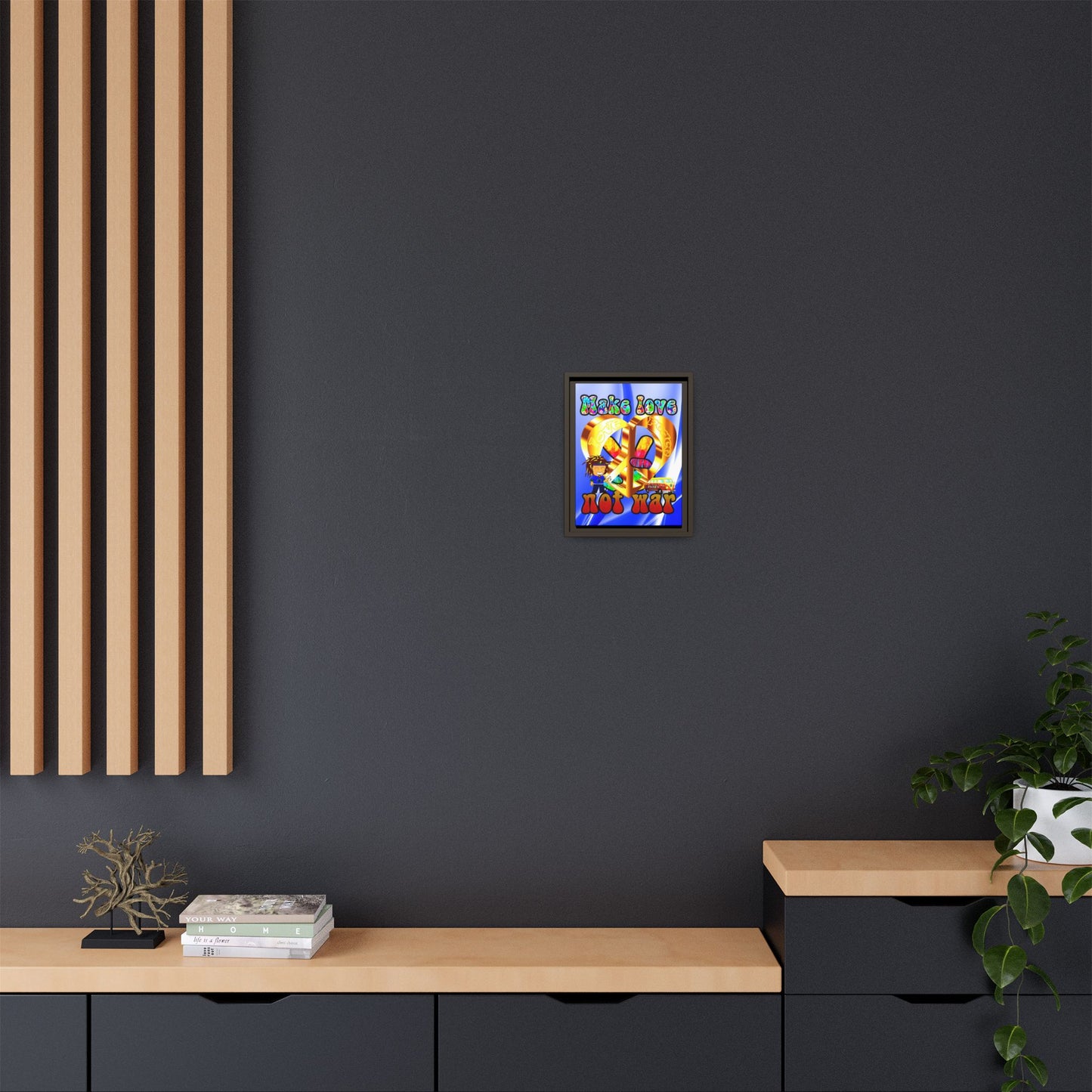 love peace - framed canvas art (blue-white wave)