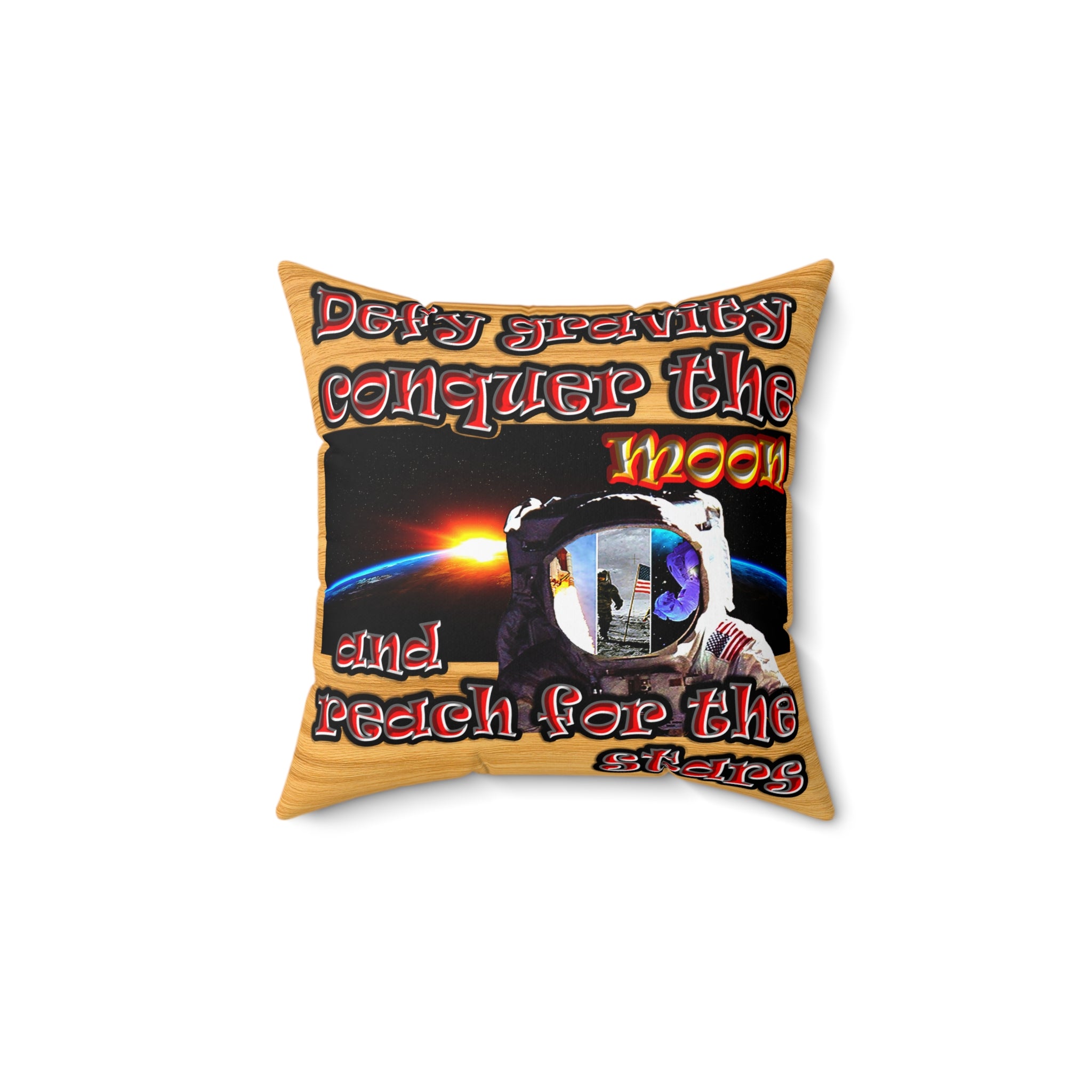 defy conquer reach - Spun Polyester Square Pillow - (butterscotch wood finish)