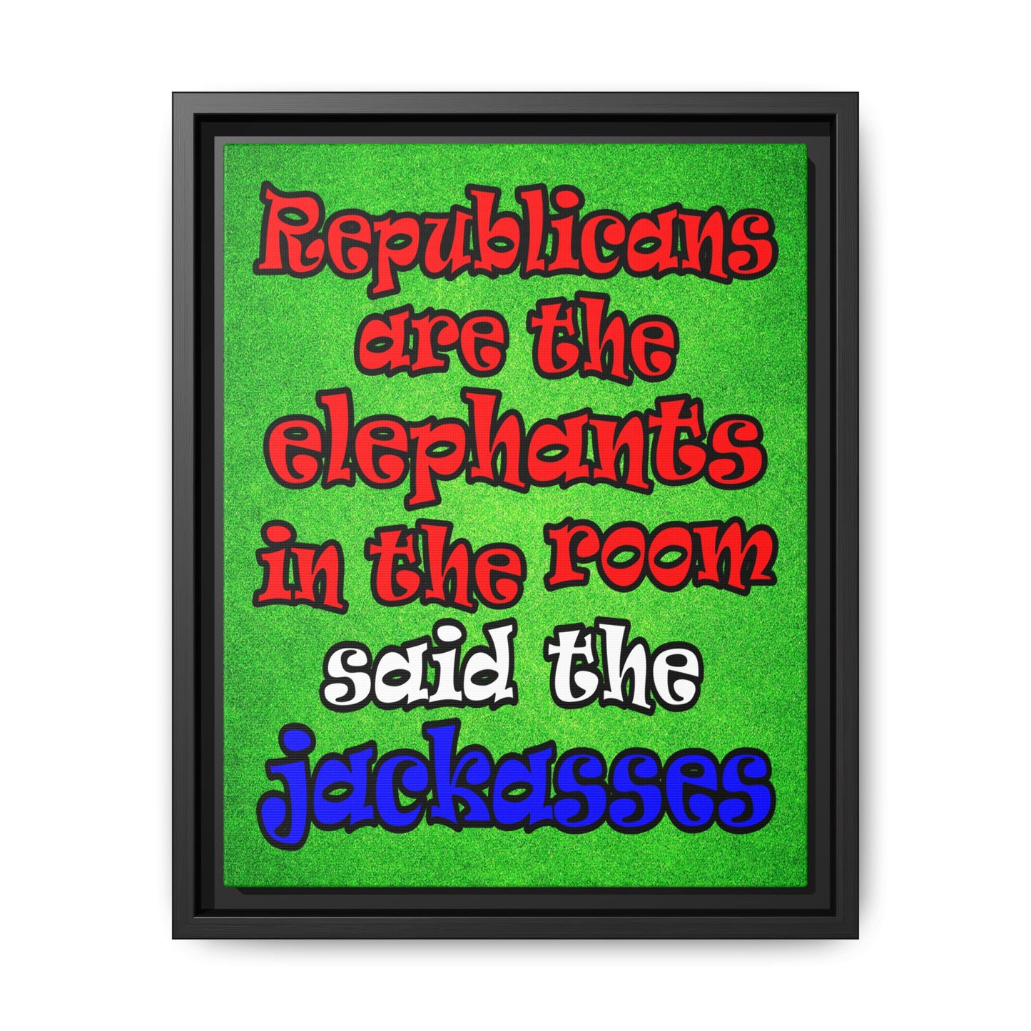 donkeys and elephants - framed canvas art (green turf)