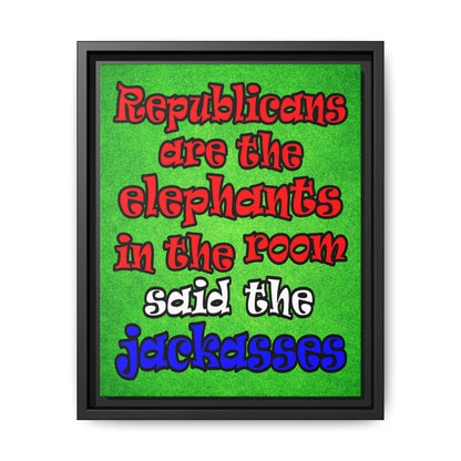 donkeys and elephants - framed canvas art (green turf)