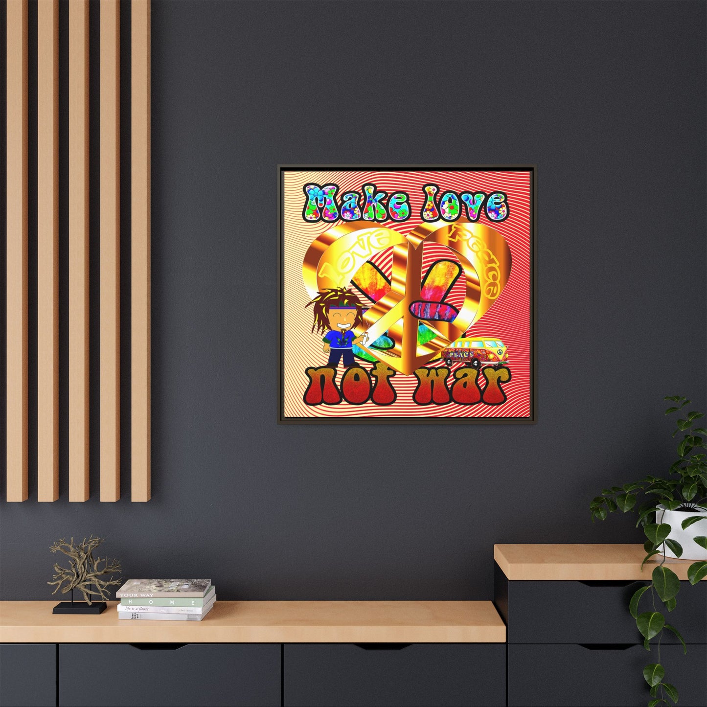 love peace - framed canvas art (yellow-orange wave)