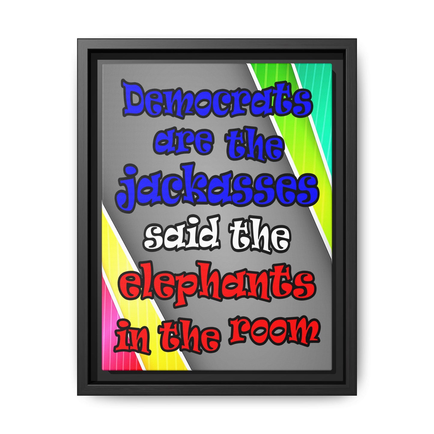 donkeys and elephants - framed canvas art (rainbow split)