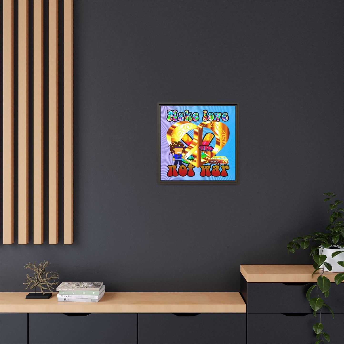 love peace - framed canvas art (light blue-purple wave)