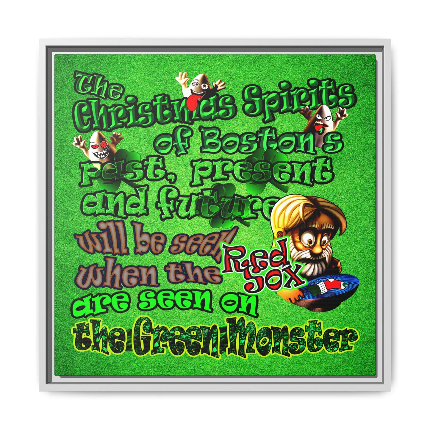 christmas spirits of boston - framed canvas art (green turf)