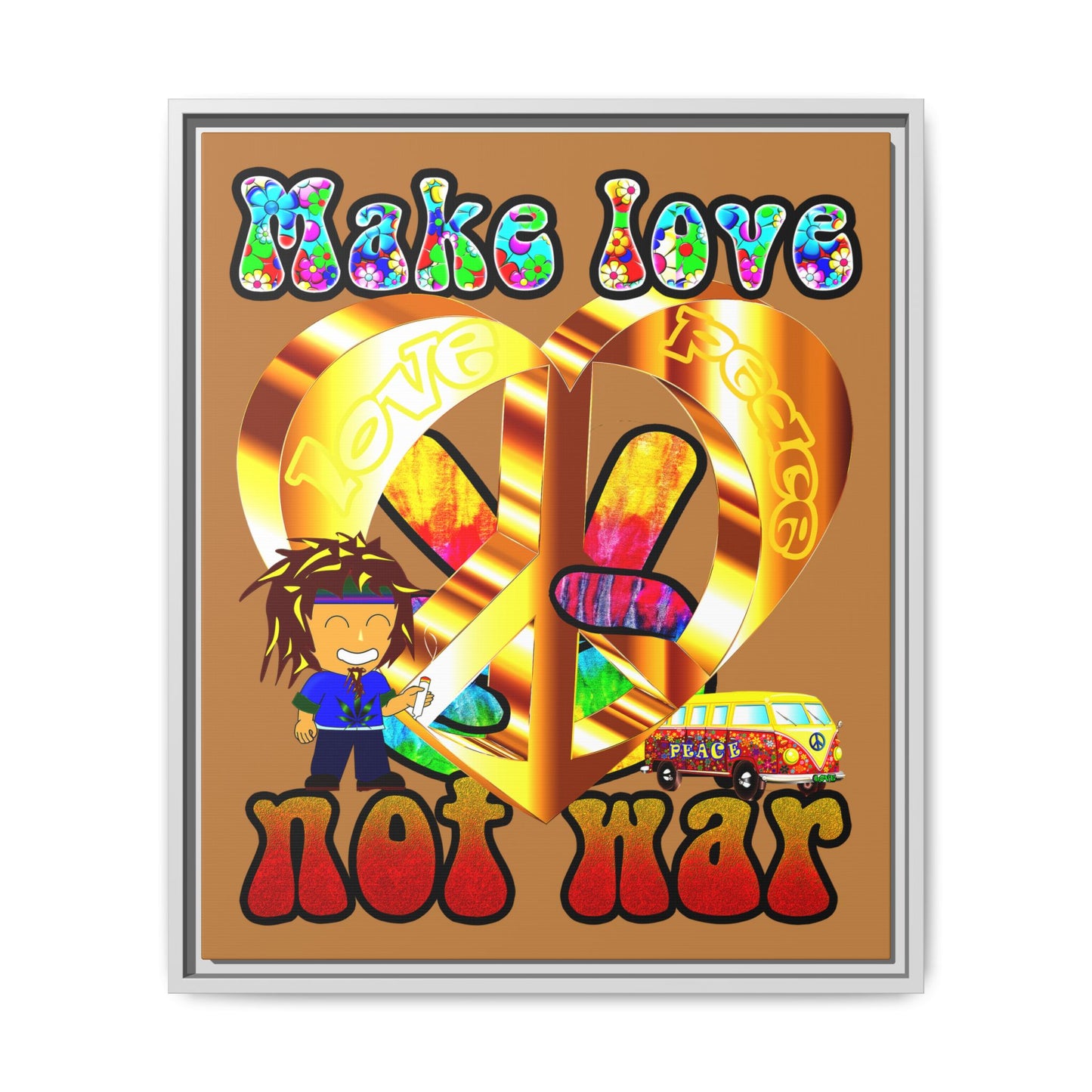 love peace - framed canvas art (light brown)