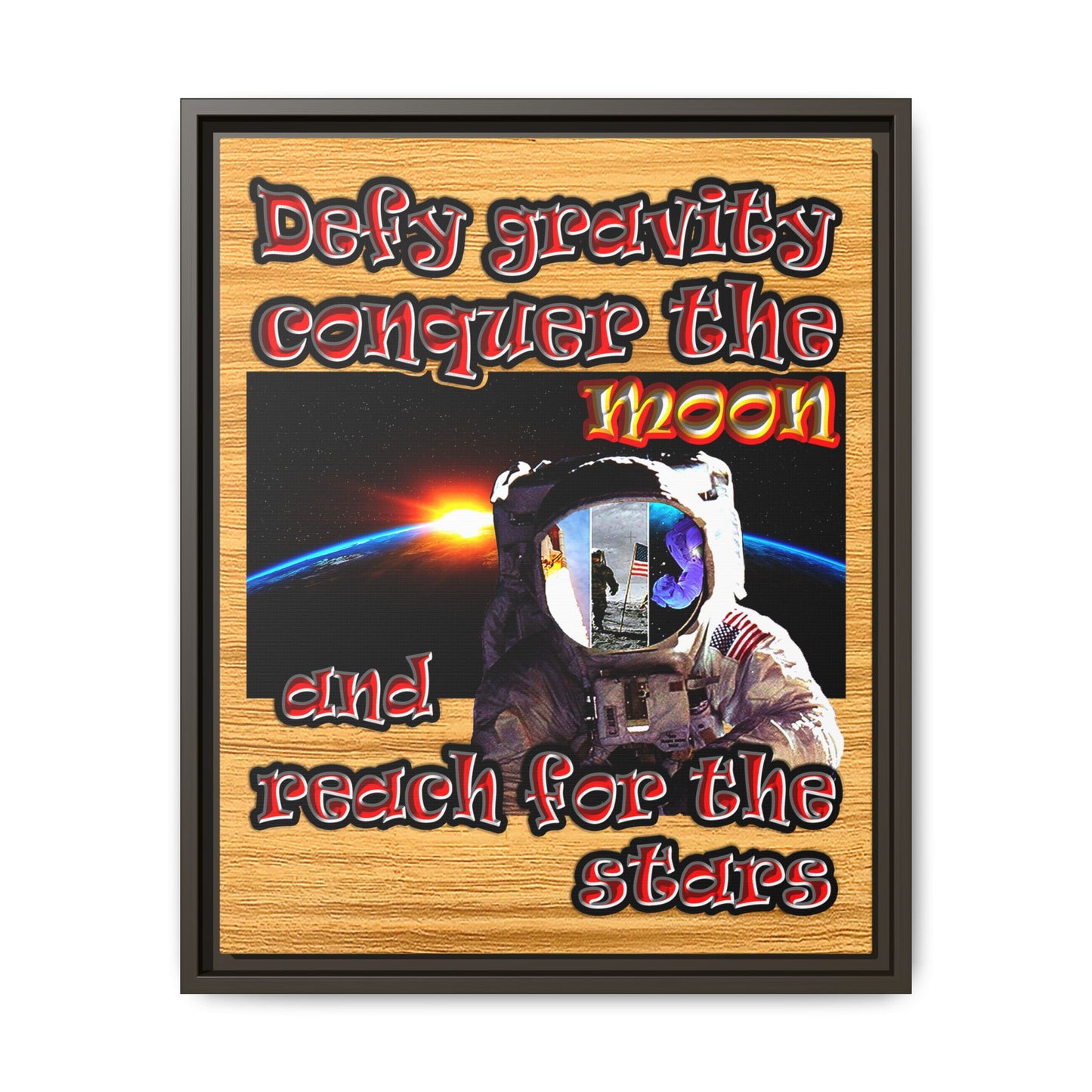 defy conquer reach - framed canvas art (butterscotch wood finish)