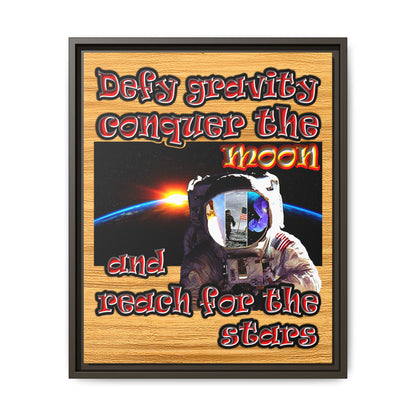 defy conquer reach - framed canvas art (butterscotch wood finish)