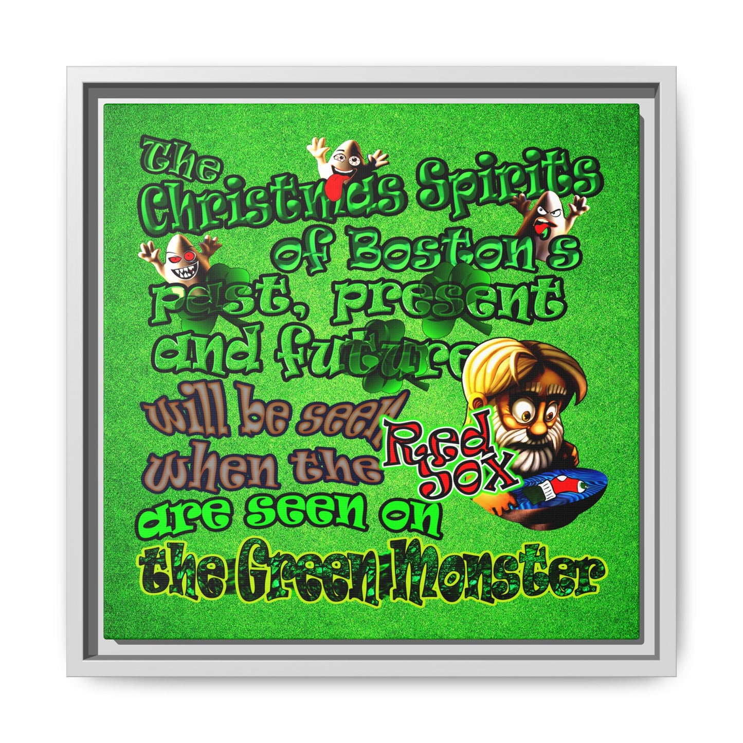 christmas spirits of boston - framed canvas art (green turf)