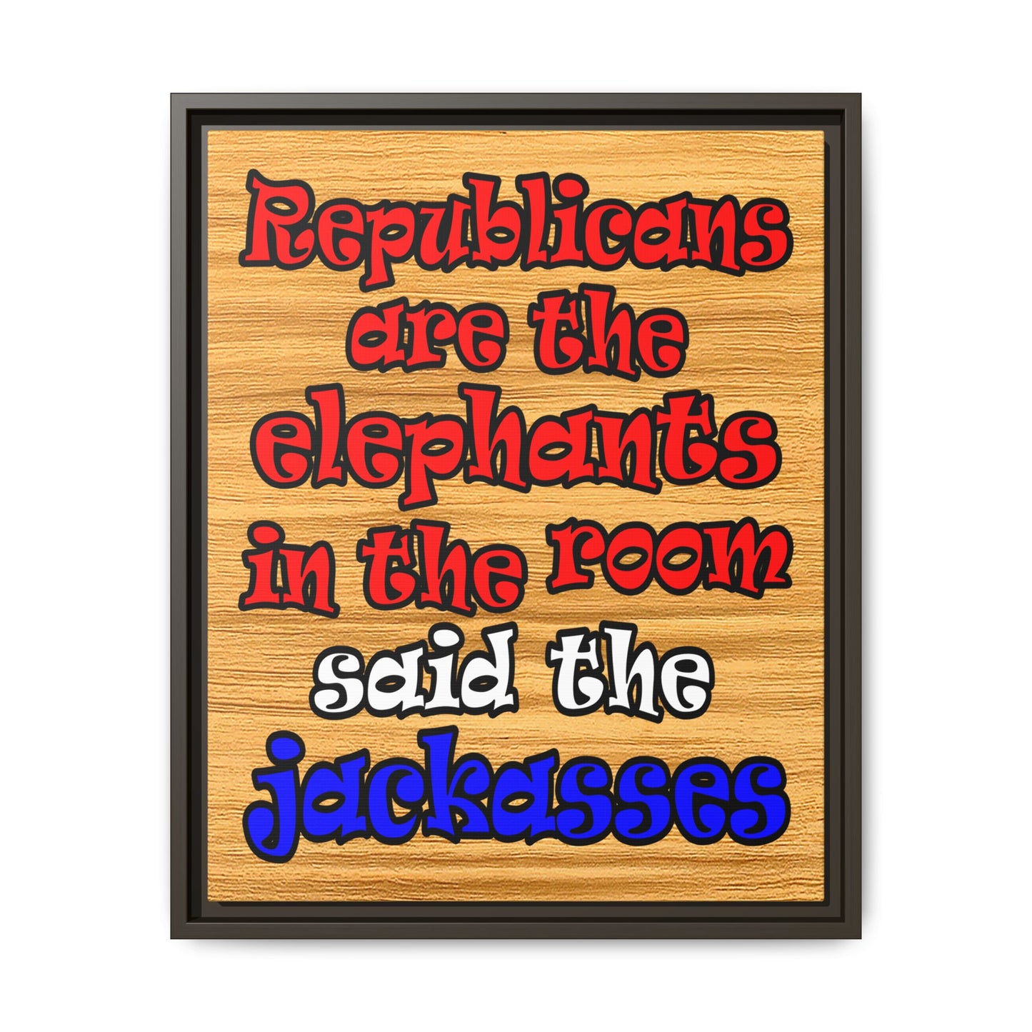 donkeys and elephants - framed canvas art (butterscotch wood finish)