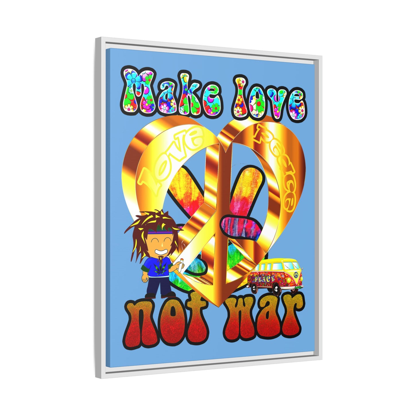 love peace - framed canvas art (light blue)