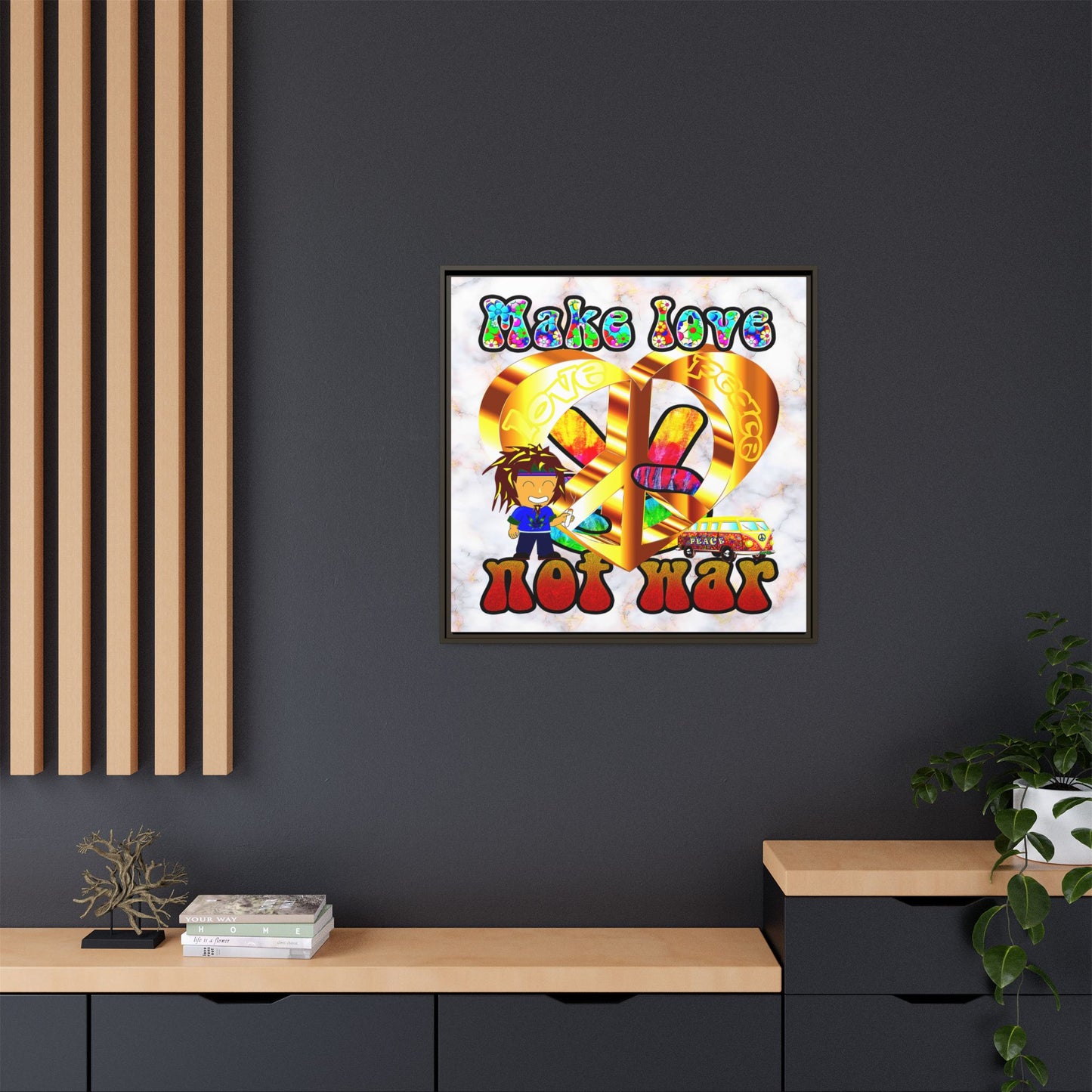 love peace - framed canvas art (white marble)