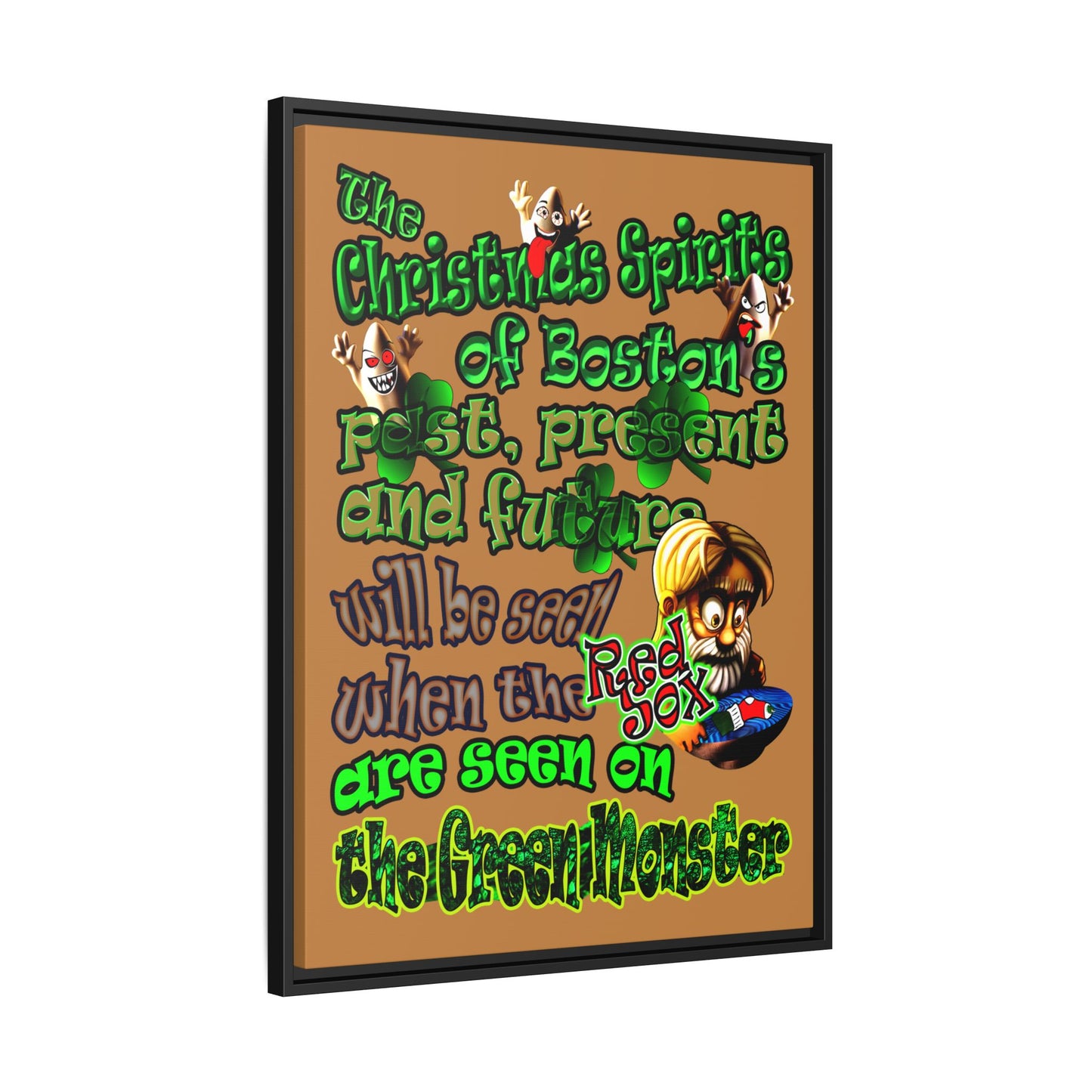 christmas spirits of boston - framed canvas art (light brown)