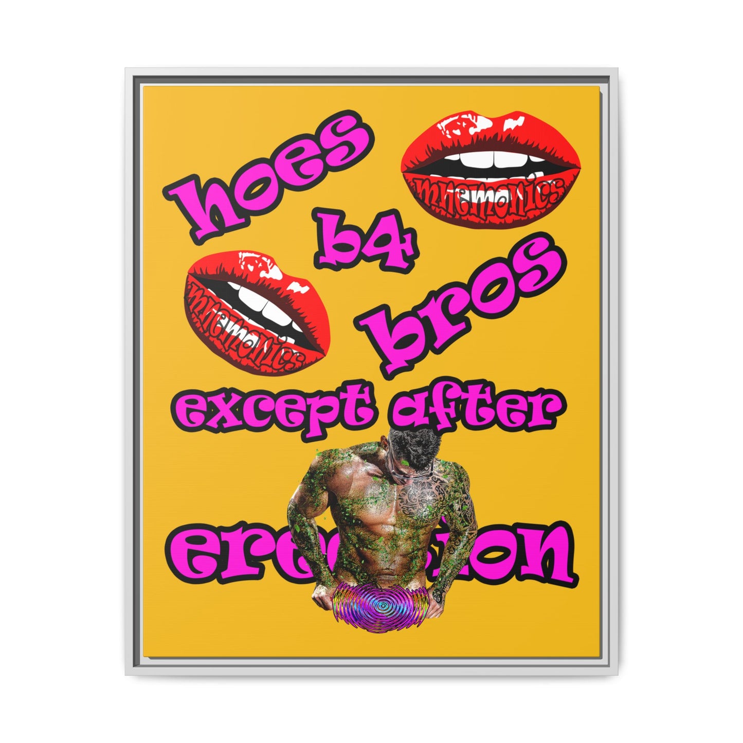 hoes b4 bros - framed canvas art (yellow)