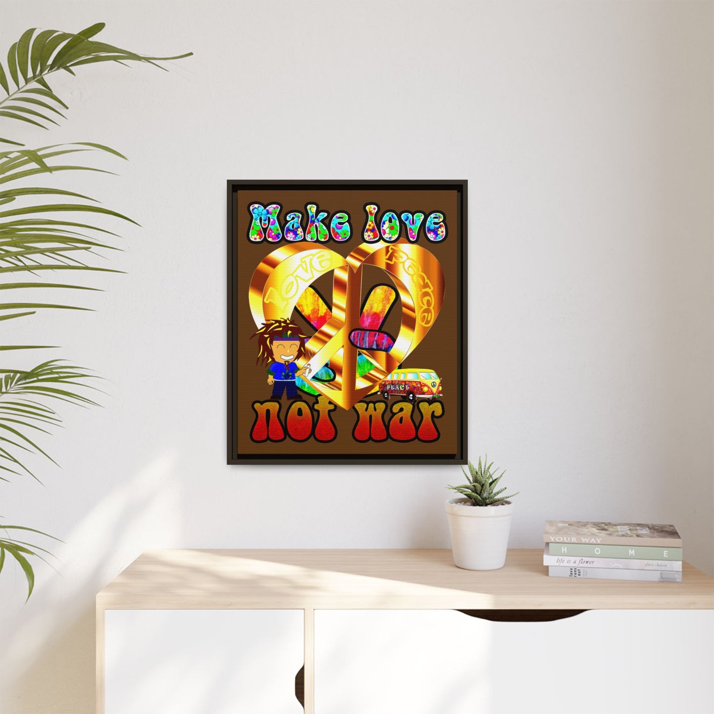 love peace - framed canvas art (brown)