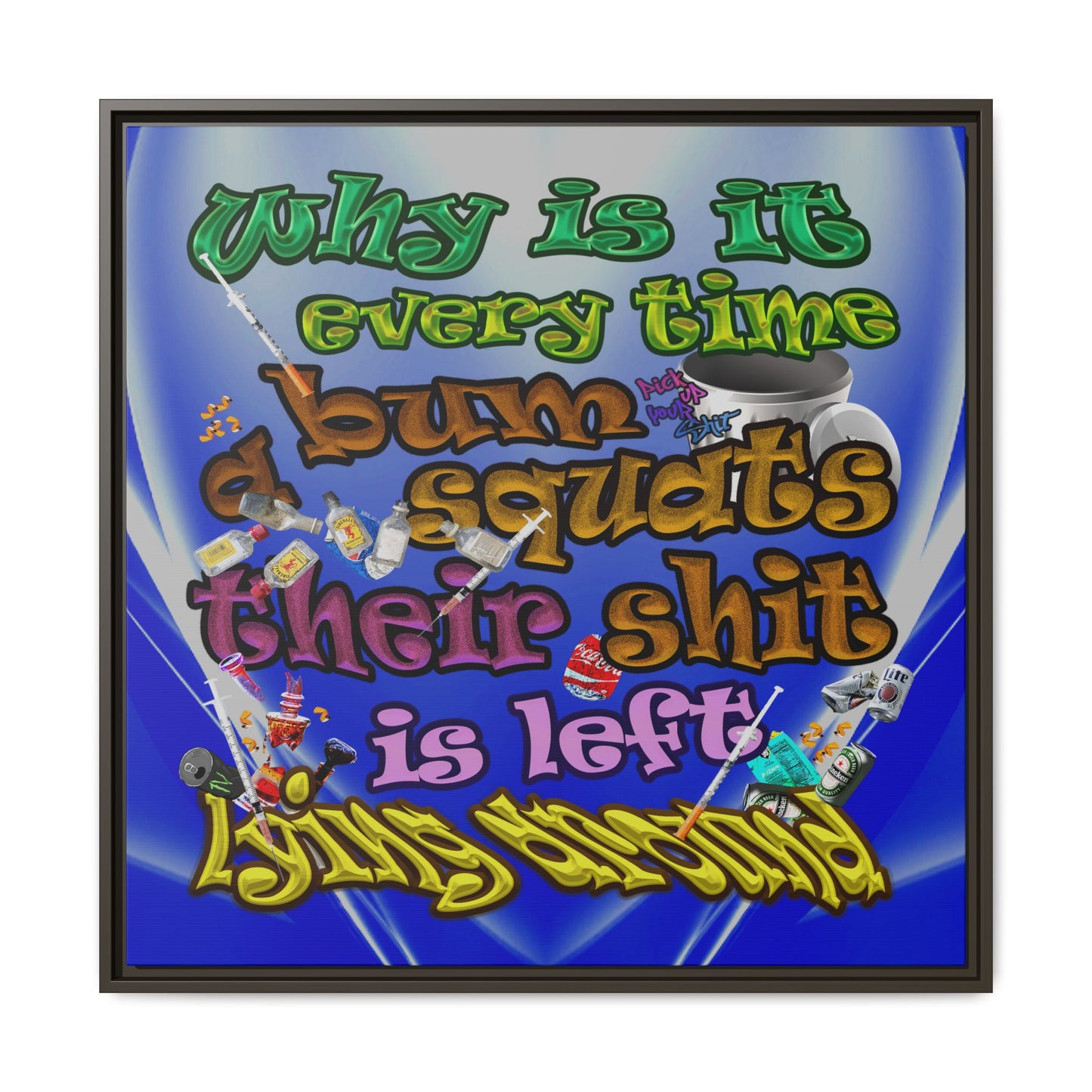 the bum's shit - framed canvas art (blue-white wave)