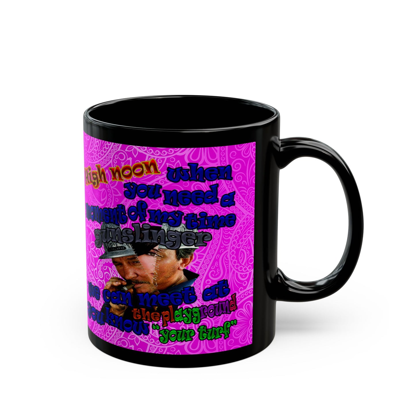 high noon - Black Mug (pink swirl)