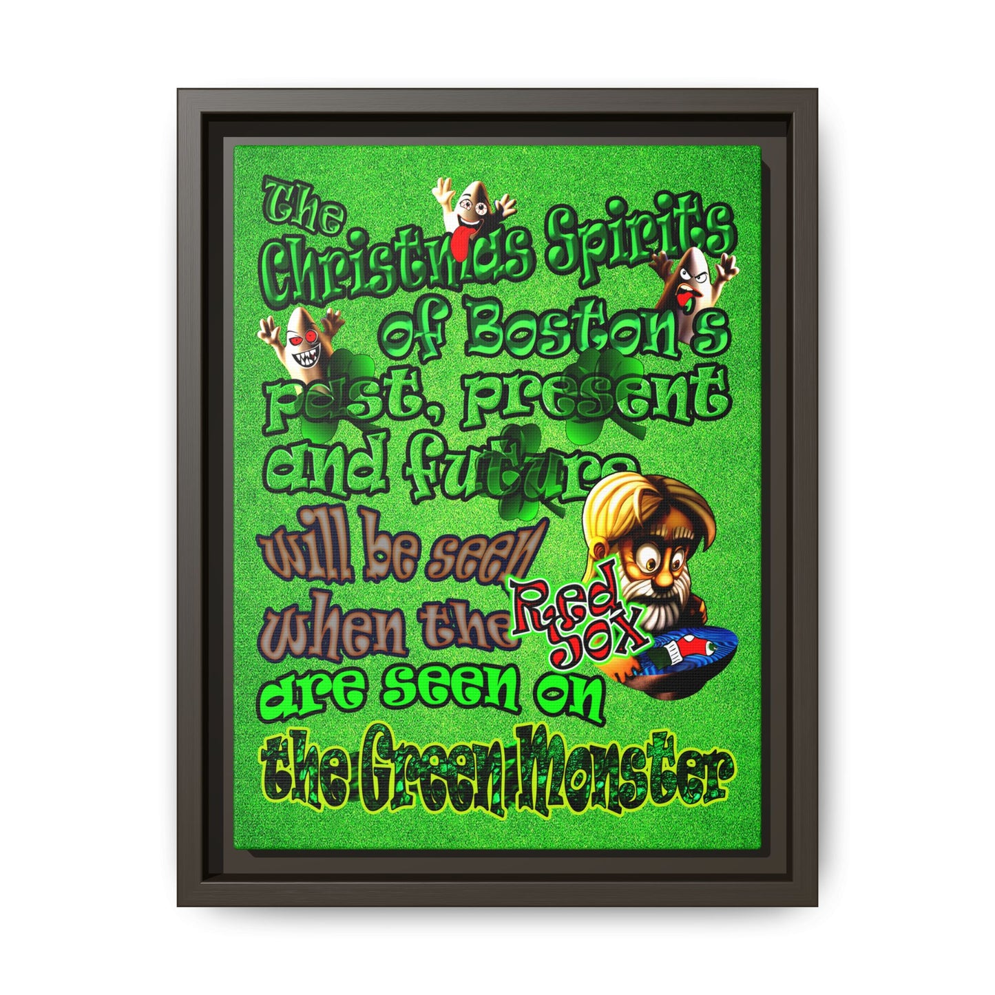 christmas spirits of boston - framed canvas art (green turf)